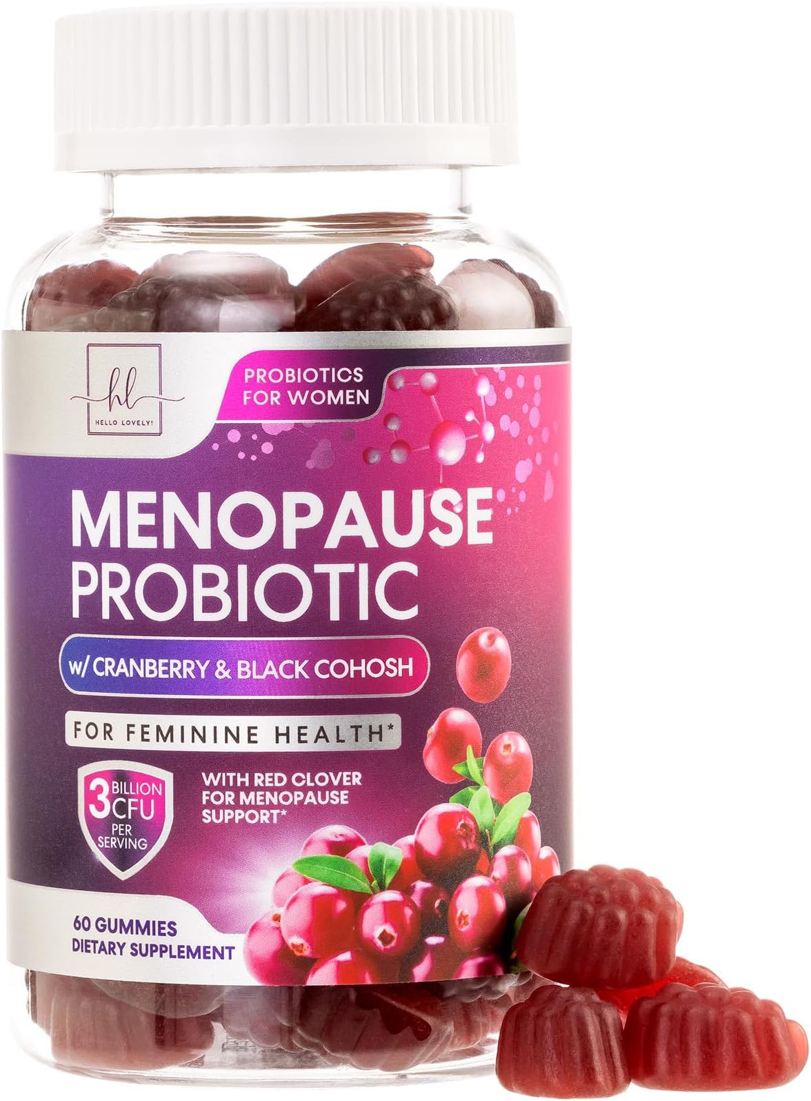 Menopause Supplements for Women Gummies - Black Cohosh, Cranberry, 3 Billion CFU Probiotics per Serving - Complete Menopause Relief for Hot Flashes, Night Sweats, Vaginal Health Support - 60 Gummies