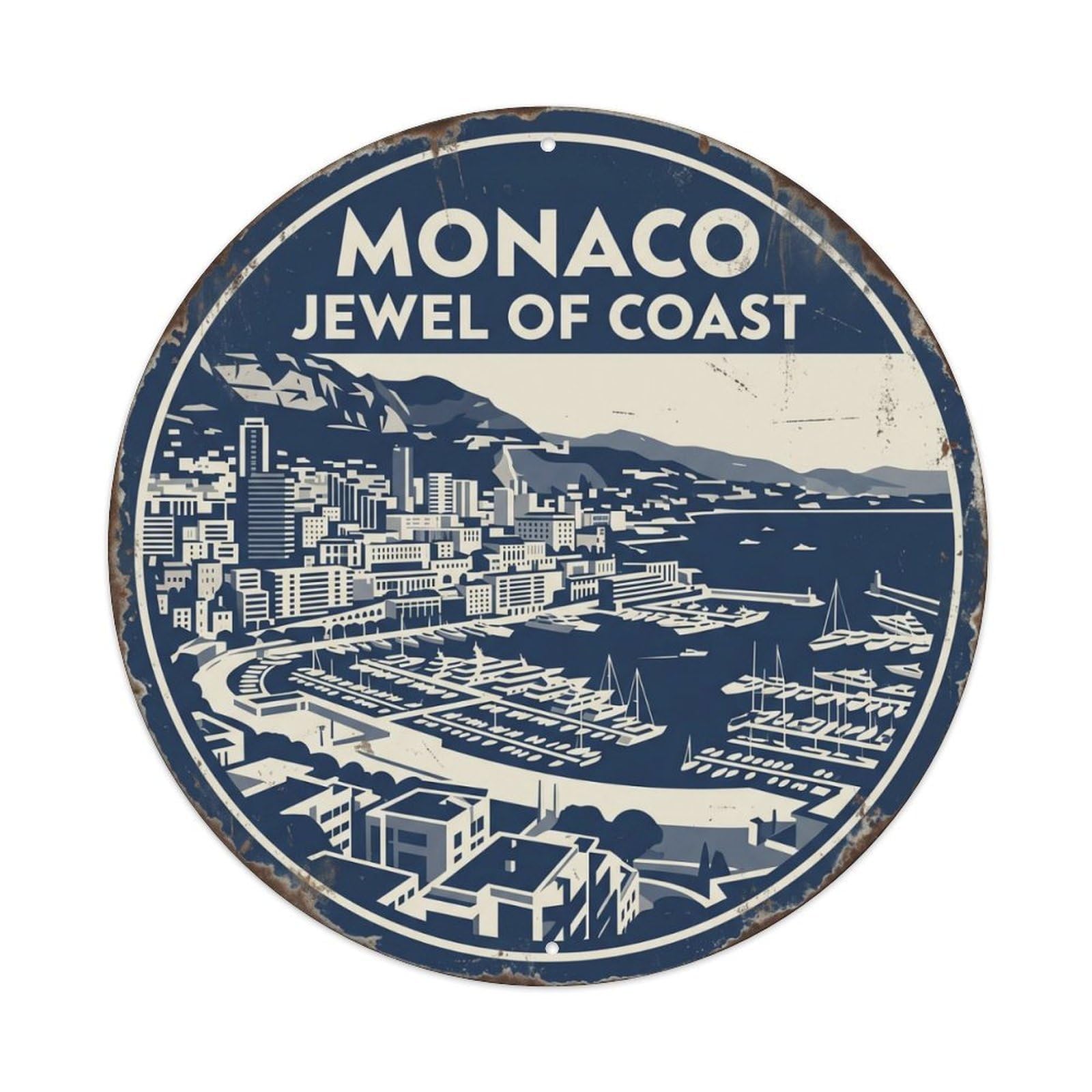 Vintage Travel Monaco Harbor France Metal Tin Sign Plaque Wall Decor for Cafe, Club, Garden Round Metal Poster 8x8Inch
