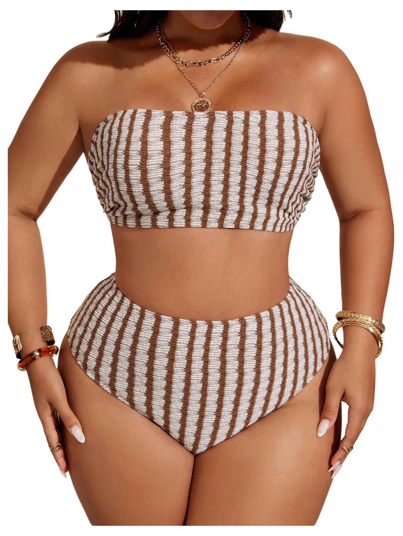 Women's Plus Size 2 Piece High Waist Bikini Set Striped Bandeau Top Tummy Control Bathing Suits Swimwear(Brown,Large Plus)