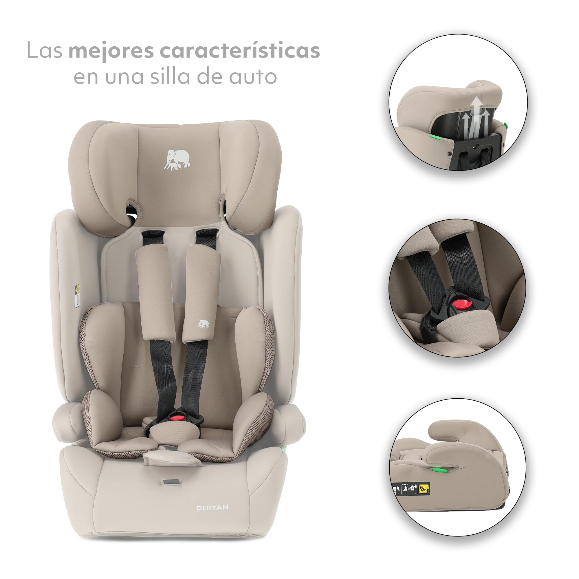 Deryan Carter i-Size - Asiento infantil para coche (75 – 150 cm, grupo 1/2/3, con cinturón de fijación, protección contra impactos laterales, reposacabezas ajustable, funda extraíble, 1,5 a 12 años
