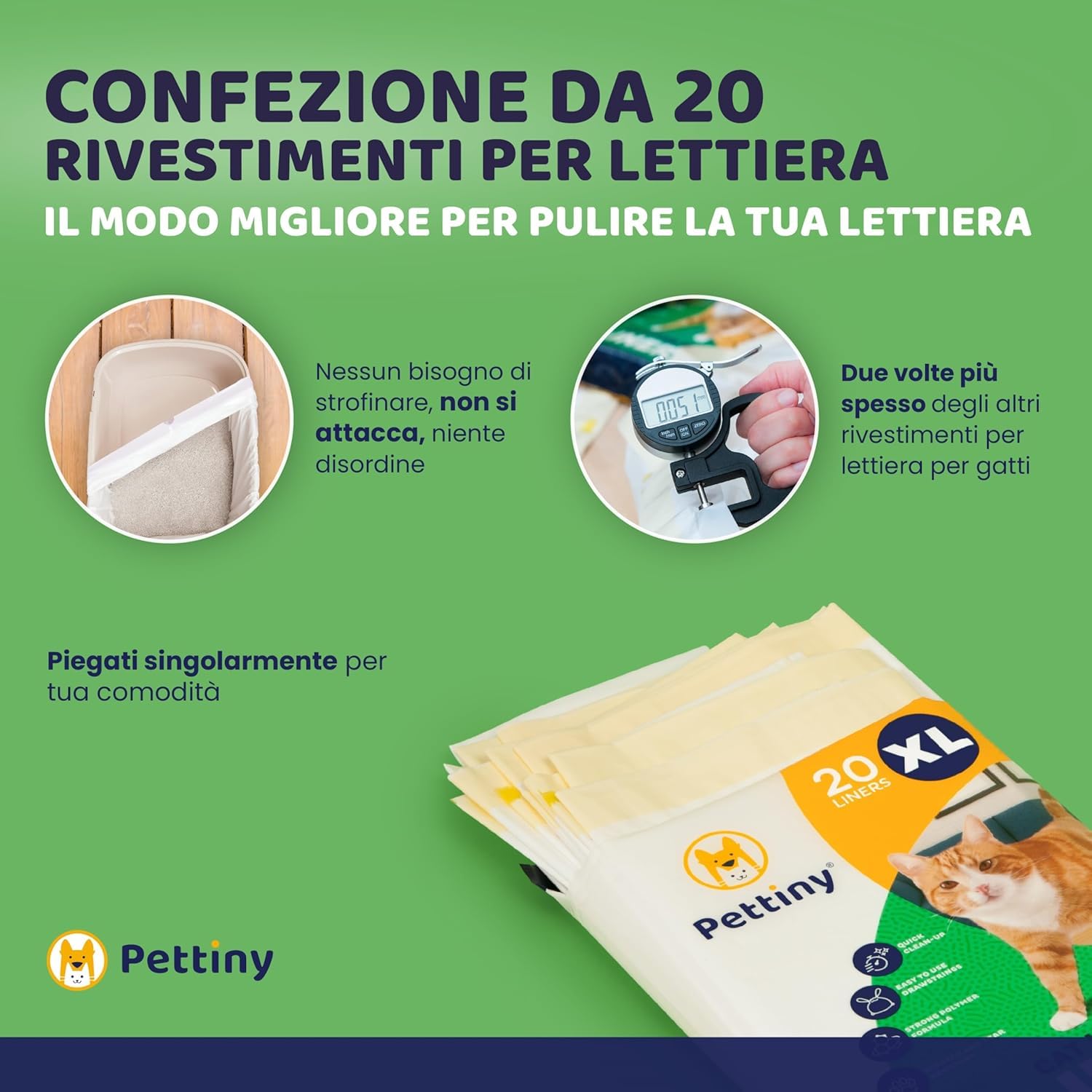 Pettiny 20 Sacchetti XL per Lettiera per Gatti con Coulisse Sacchi Resistenti ai Graffi per Cassetta Igienica Grande