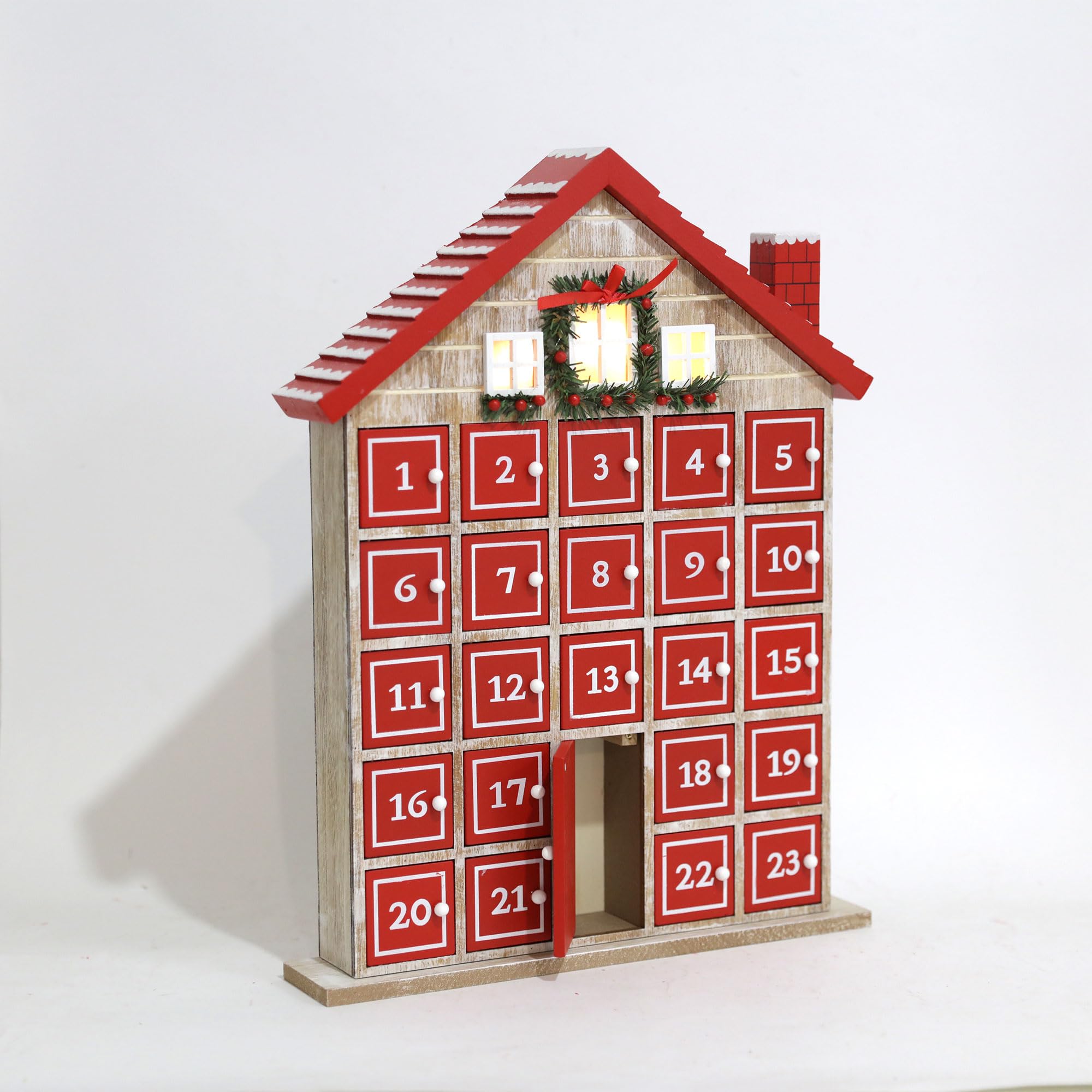 Calendrier de l'Avent en bois PE Maison de Noël rouge avec 24 tiroirs de rangement Organisateur de cadeaux avec éclairage LED Décoration de Noël
