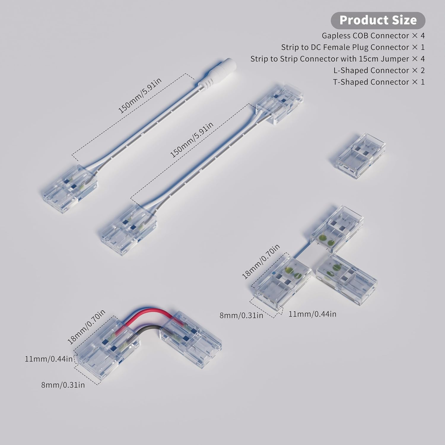 PAUTIX 8mm Connectors for 2-Pin COB LED Strip Lights,4pcs Transparent Gapless Connectors,4pcs Dual End,1pc Single to DC Female Plug 7.9in Extension Wire,2pcs L-shaped Connectors,1pc T-shaped Connector - Image 8