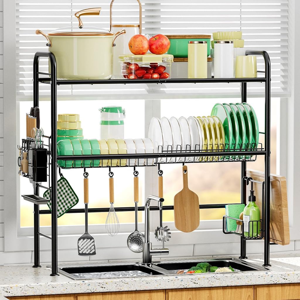 HASTHIP® Over The Sink Dish Drying Rack Space Saving Dish Drying Rack Double Layer Cup Holder Dish Drainer Tiered Shelf Rack Over Sink Dish Rack for Kitchen Organizer 33.5x10x31.9IN
