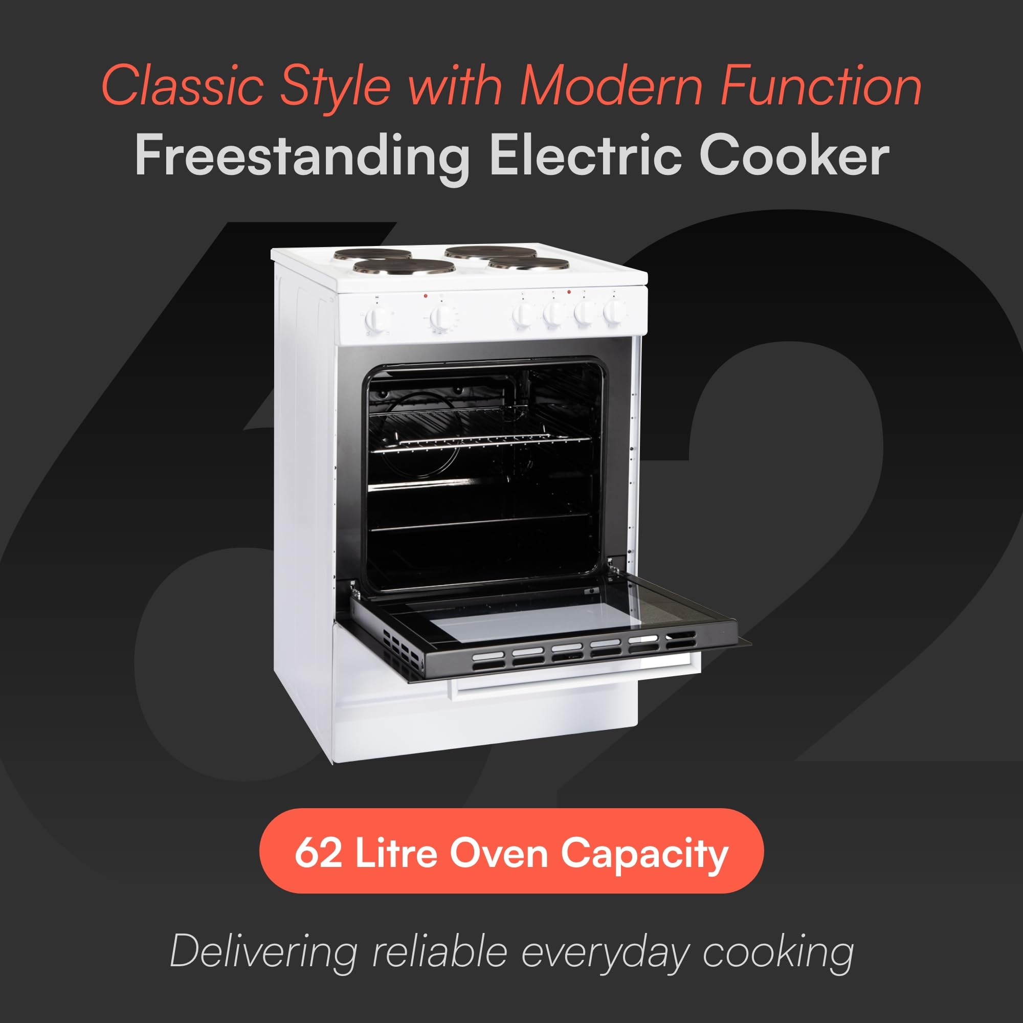 Cookology CFSP600WH 60cm Wide, 62 Litre Capacity Freestanding Electric Single Cooker with Solid Plate Top 4 Cooking Zone Hob and Analogue Dials – in White — view 2
