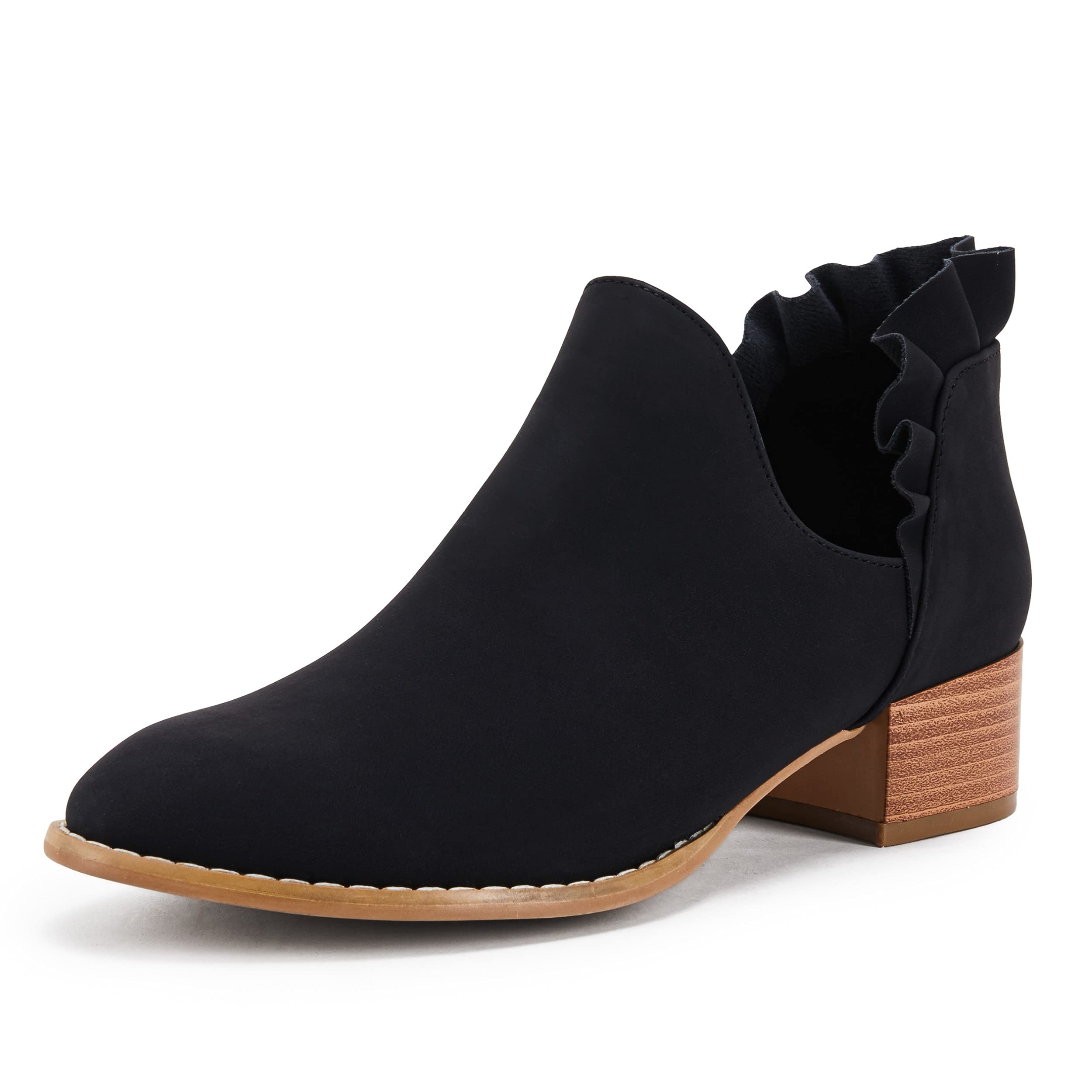 FISACEWomens Ruffled Ankle Boots V Cut Out Pointed Toe Chunky Low Heel Dressy Western Booties, Black, 7 UK