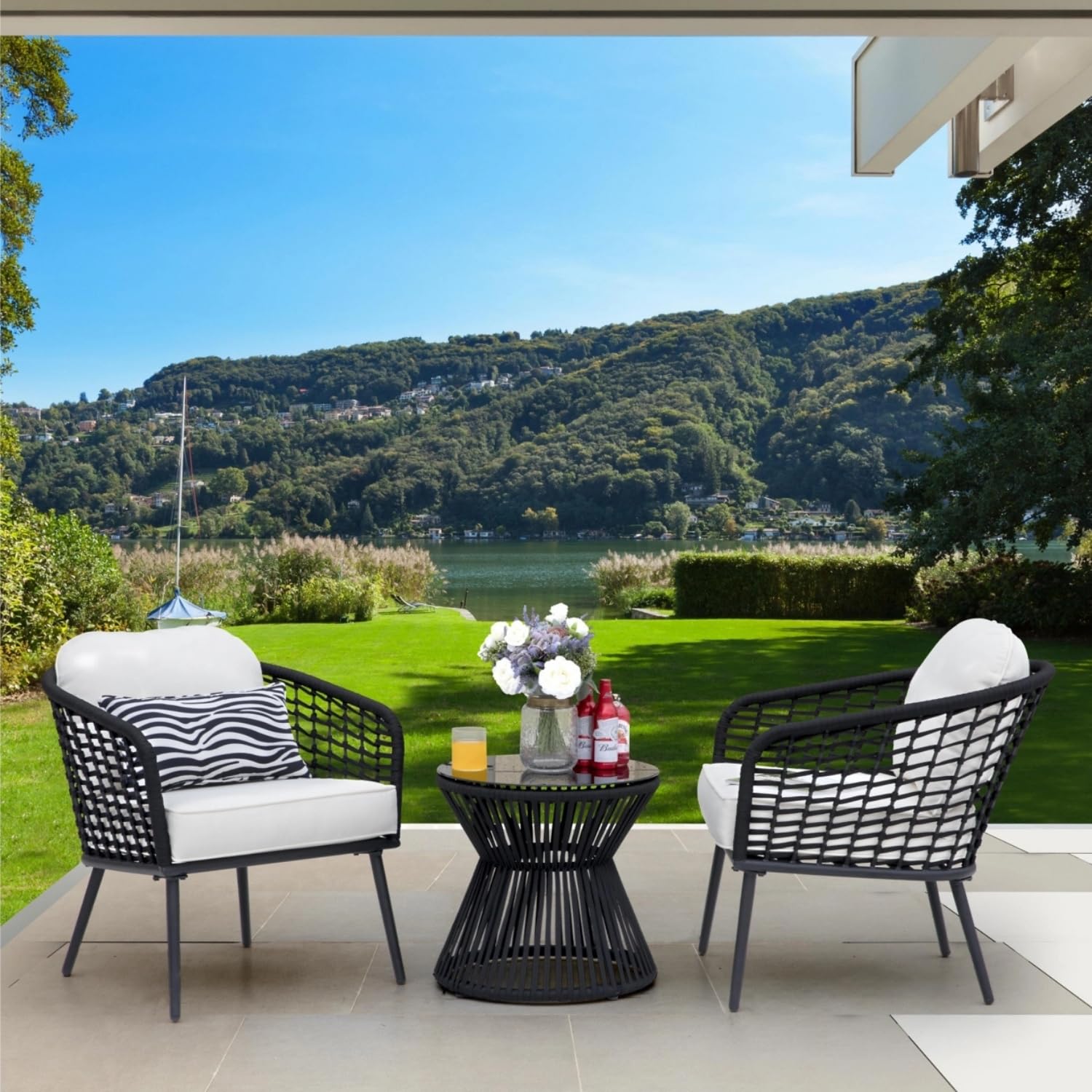 DEVOKO All Weather Resistant Rope 3-Piece Patio Furniture Set for Balcony, Garden, Poolside, Terrace, Lawn, Deck, Porch (Black & Off-White)