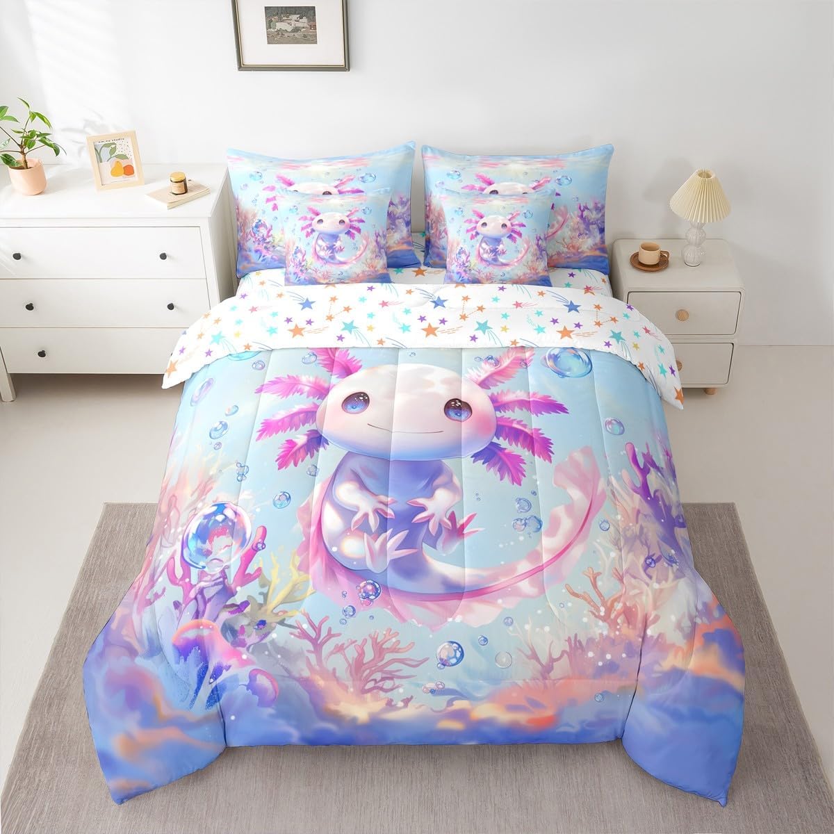Erosebridal Full Size Girls Cute Axolotl Bed in A Bag (7 Pieces) | Kids Sea Ocean Animal Comforter Set with Sheets Girly Cartoon Axolotl Bedding Set for Teens Kawaii Salamander Quilt Duvet Insert