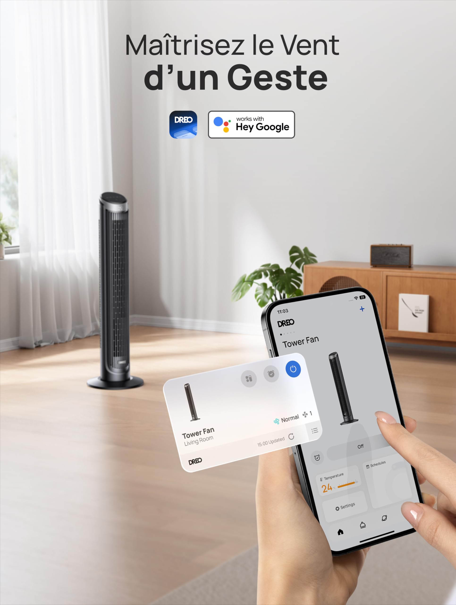 DREO Smart Ventilateur Colonne Silencieux, Oscillation à 90°, Ventilateur sur Pied pour Chambre, 7.9 m/s, 5 Vitesses, 4 Modes, Tactile/Télécommande/App & Commande Vocale, Alexa, Minuterie 12H, Argenté