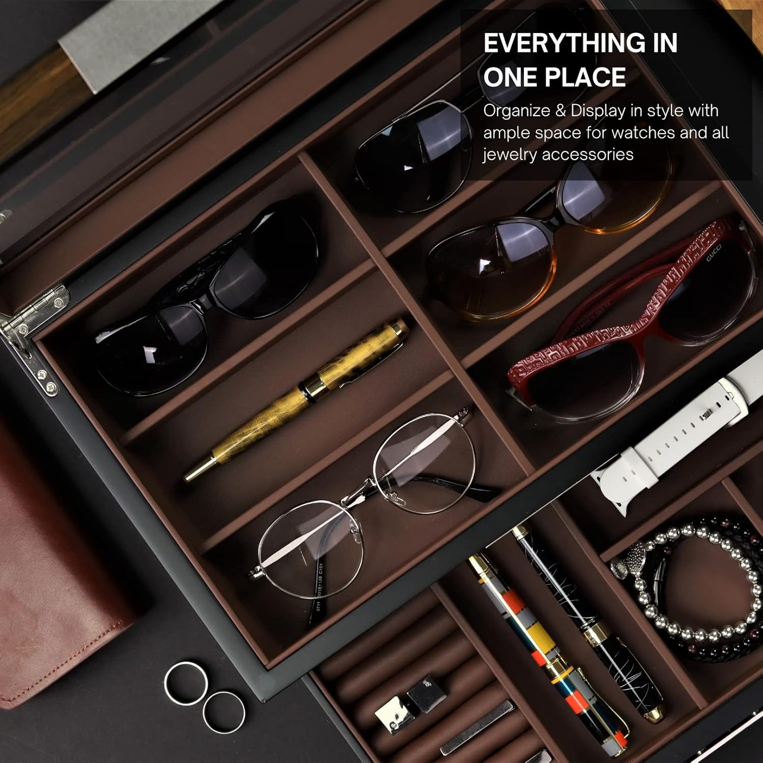 Multi-Purpose Drawer, Sunglasses and Jewelry Box Wooden Storage Organizer with Saddle Brown Leather (Coffee Lover)