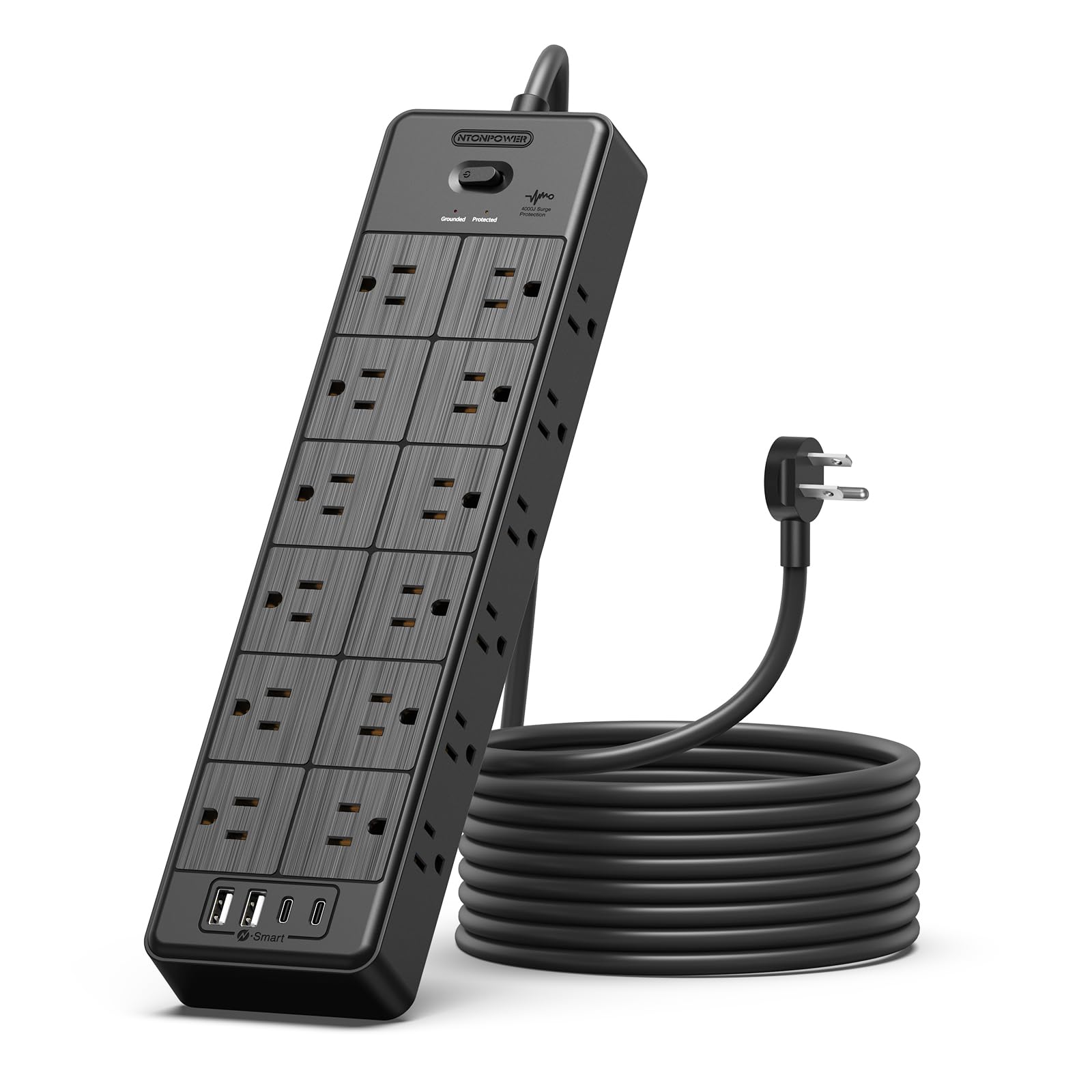 24 Widely Outlets Extension Cord 10 Ft NTONPOWER 15A/1875W Power Strips with Surge Protection 4000J,Black Extension Cord Surge Protector with 4 USB