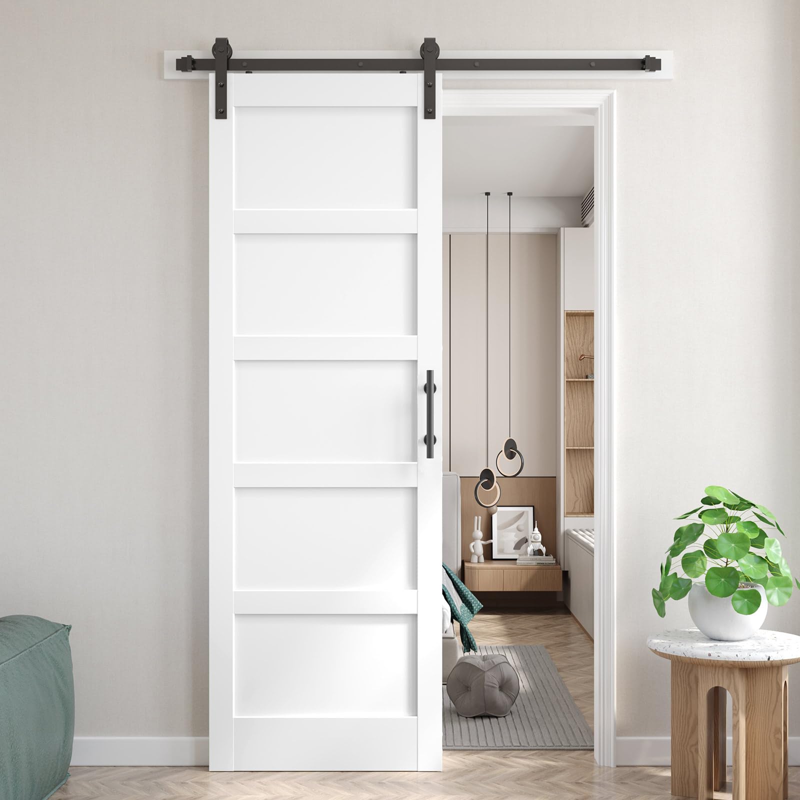 Fredbeck 30x96 inch White Barn Door with 5.5FT Sliding Door Hardware Kit Included & Handle,Solid,MDF, PVC Surface,DIY Assembly,5-Panel