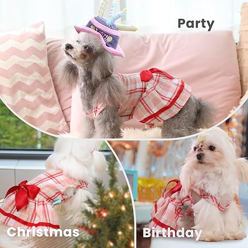 Miniatura 6 de Laifug Vestido para mascotas a la moda, ropa de perro a cuadros rojos, vestido de fiesta para el día del perro (talla S)