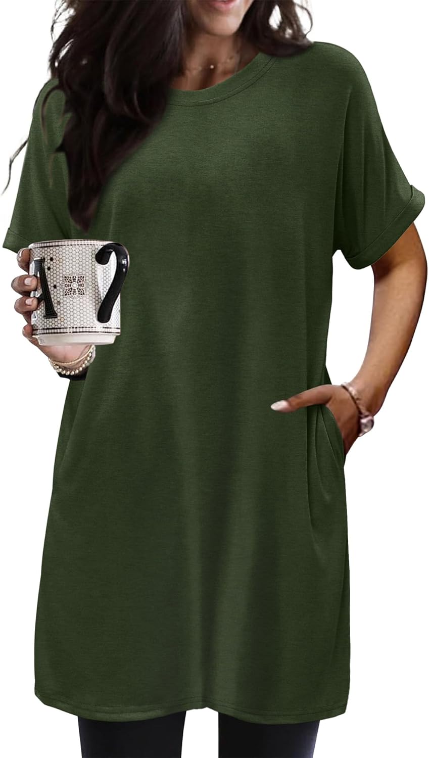 KISSMODA Women's Tunics or Tops to Wear with Leggings Short Sleeve Casual Long Tunics with Pockets T Shirts Loose S-3XL
