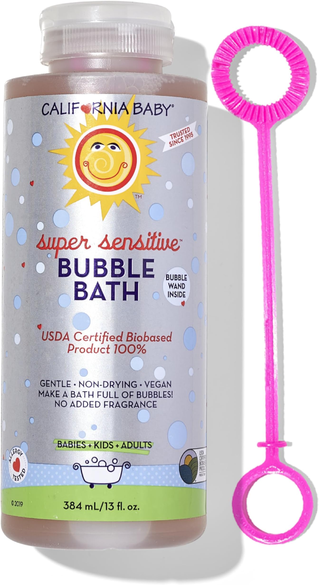 California Baby Super Sensitive Bubble Bath | 100% Plant-Based Kids Bubble Bath | Gentle Unscented Baby Bubble Bath | Free Bubble Wand | 384 mL / 13oz