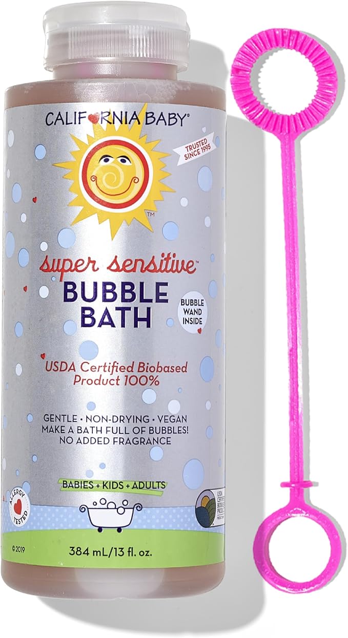 A bottle of California Baby Super Sensitive Bubble Bath.