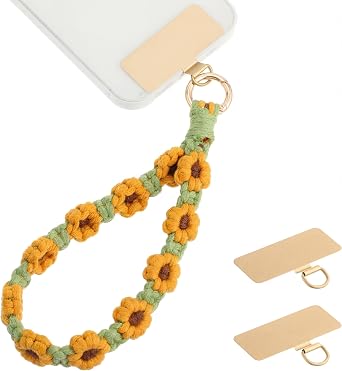 Bememo Sunflower Phone Wrist Strap Boho Macrame Wristlet Cute Cell Phone Lanyard with 2 Gold Tether Tabs Spacers Handmade Gifts for Women