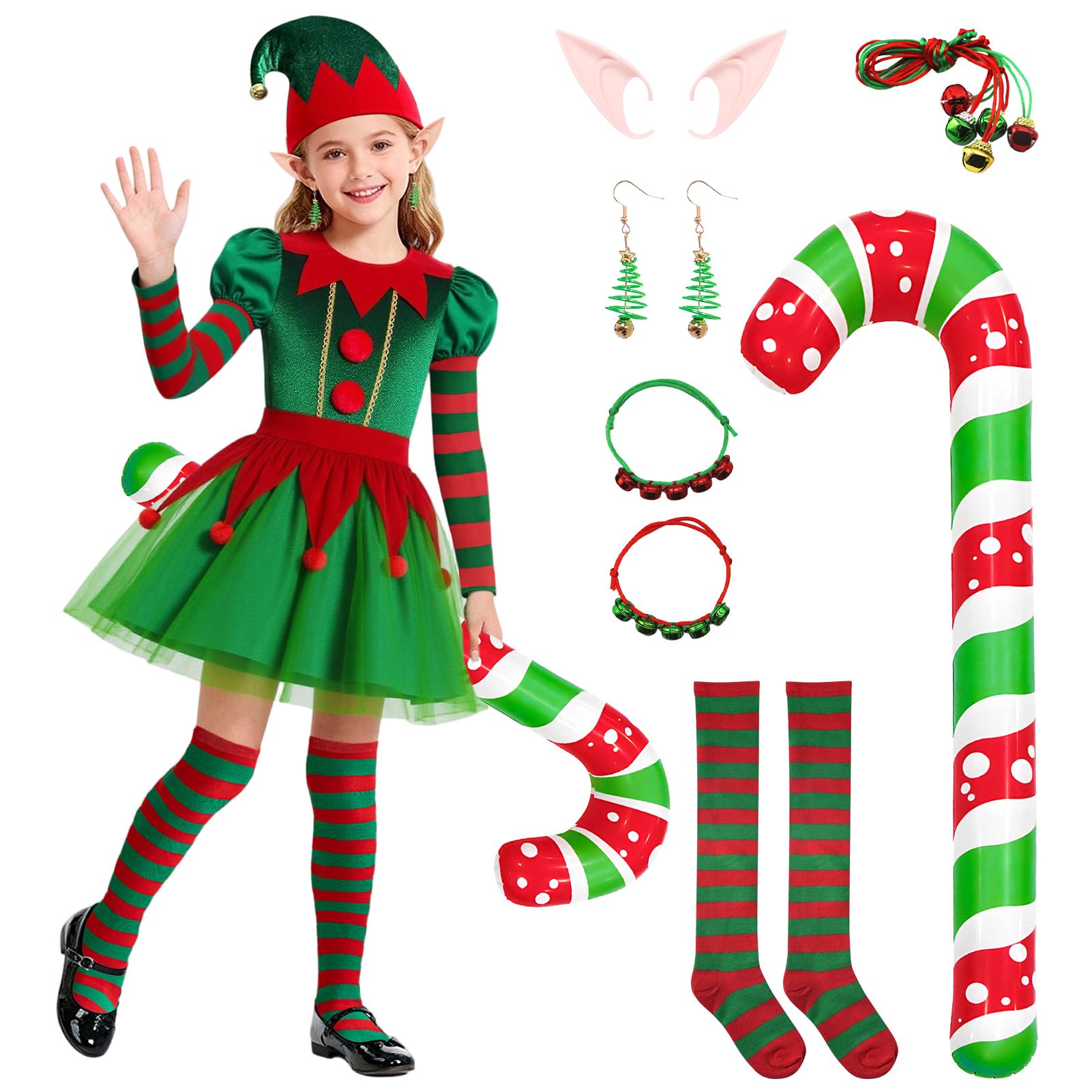 SERTAS Girls Christmas Elf Costume,Santa’s Little Helper Dress Set including Hat,Socks,Bell Bracelets,Bell Necklaces,Cane,Horn,Elf Earrings & Ears