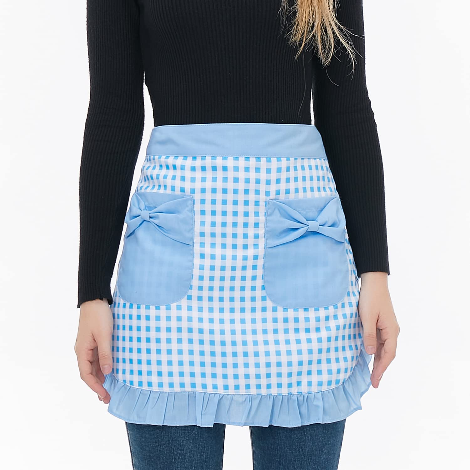 Love Potato Waist Apron with Pockets, Fashion Kitchen Cooking Restaurant Bistro Half Aprons for Girl Woman (Blue Plaid) - Image 2