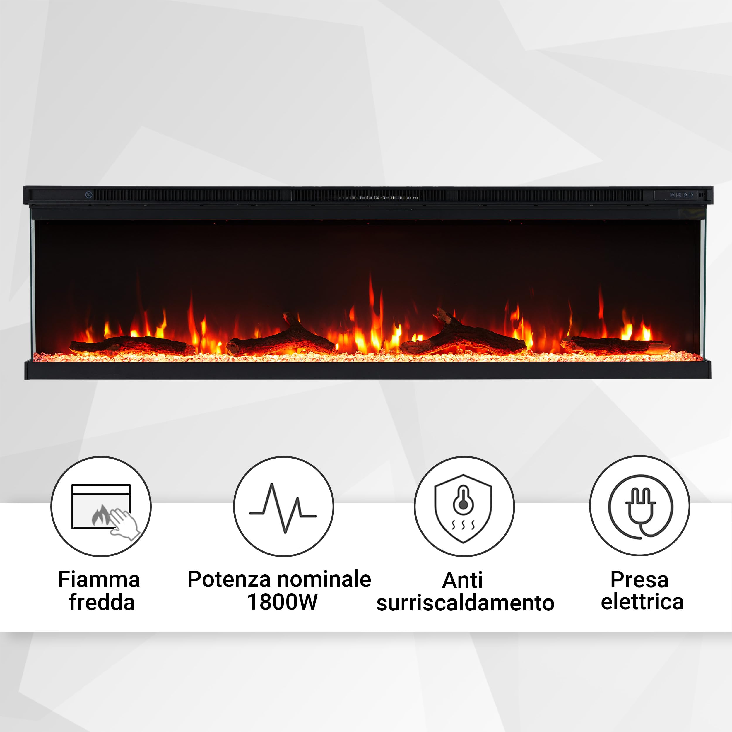BALDERIA Camino elettrico Orson | Camino elettrico da parete/incasso, effetto fiamma LED 3D, dimmerabile, camino con riscaldamento da 1800 W di potenza, timer (60")