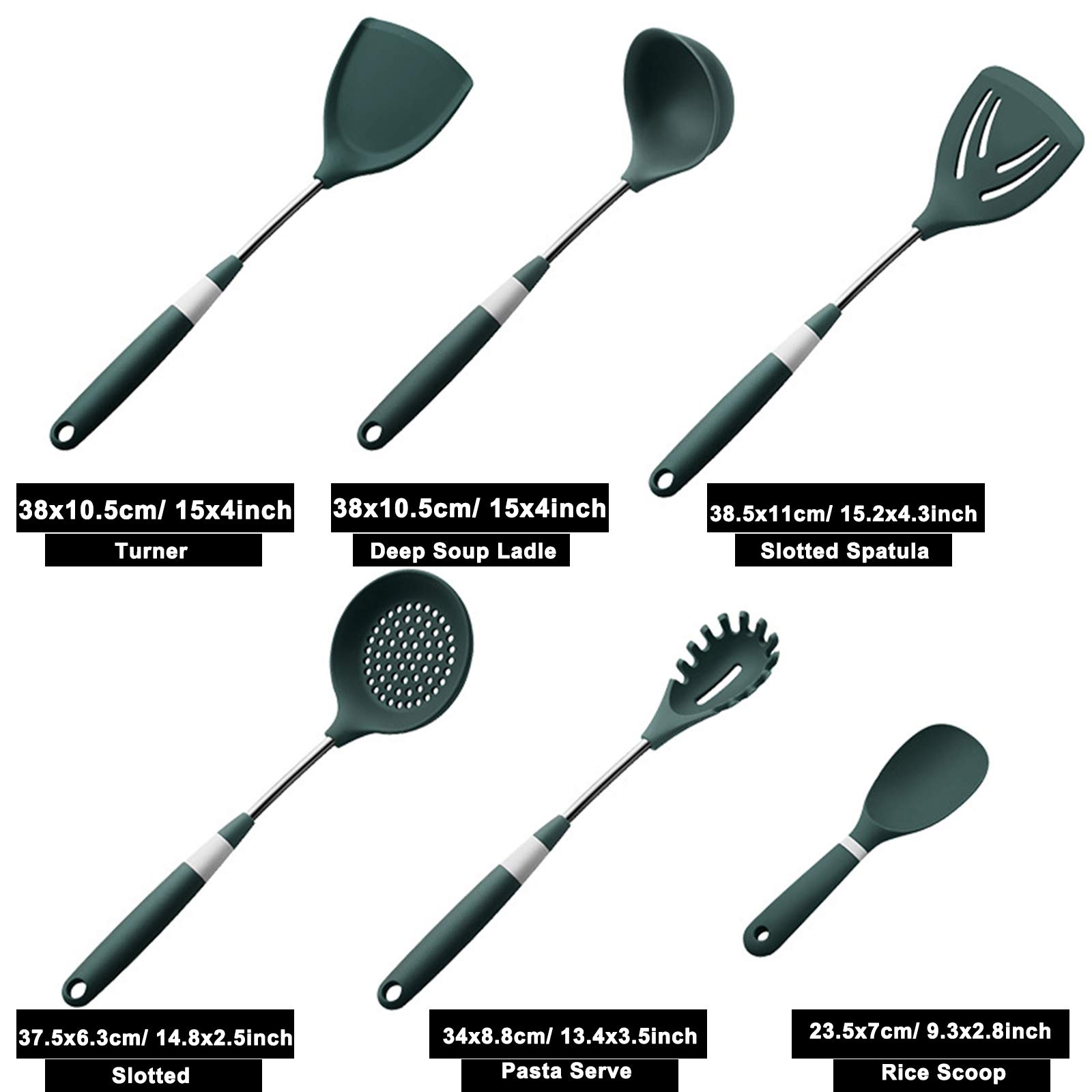 Juego de Utensilios de Cocina de Silicona, Juego de Utensilios de Cocina Antiadherentes Verdes de 6 Piezas, Antiescarcha, Antideslizante,Utensilios de Cocina de Acero Inoxidable Resistentes Al Calor
