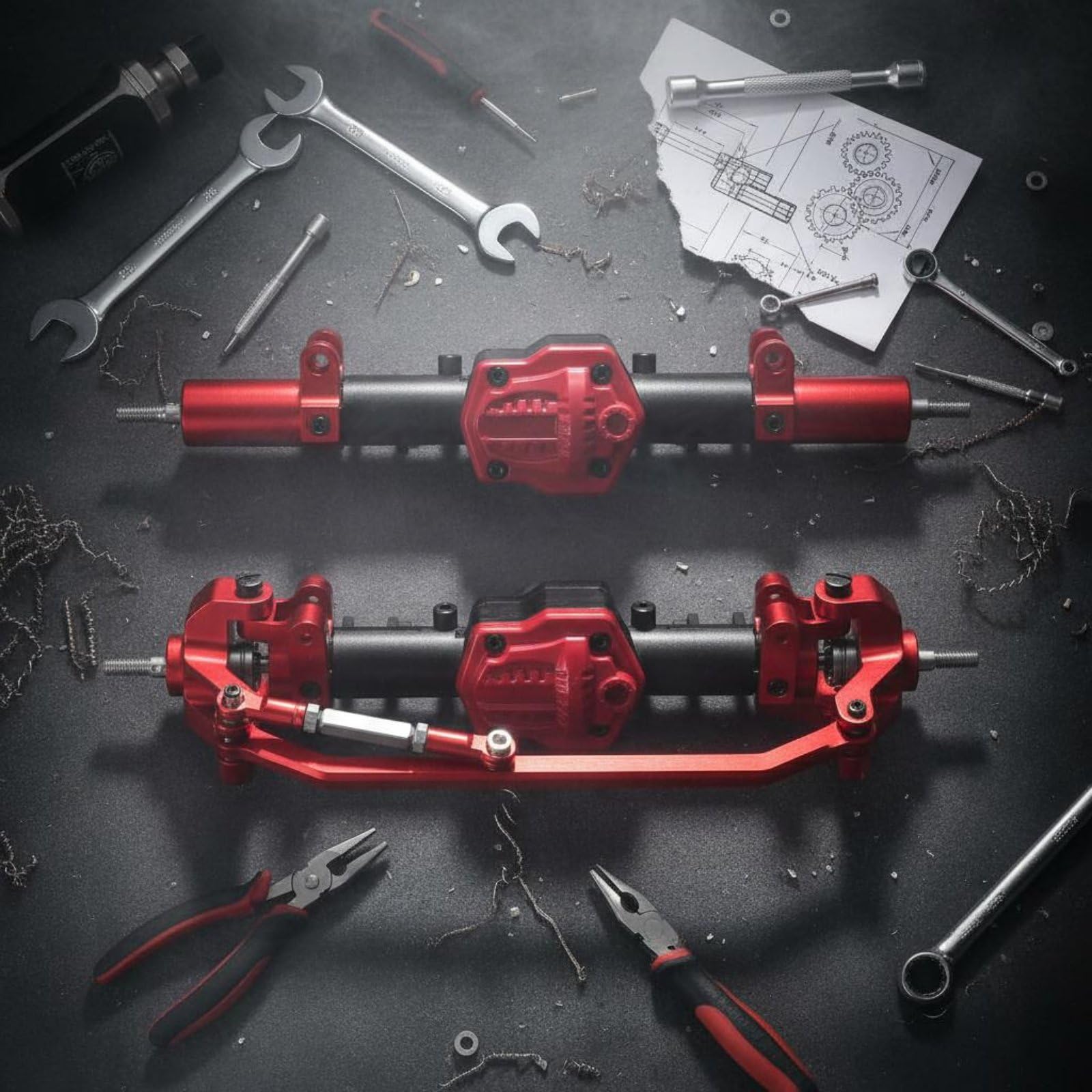 Assale Veicolo Assemblato Set Assale Motore Ruota Trasmissione Struttura Solidale Componenti Ingranaggio Precisione Adatto per Appassionati SUV Giochi su Terreni Impegnativi, Red-black