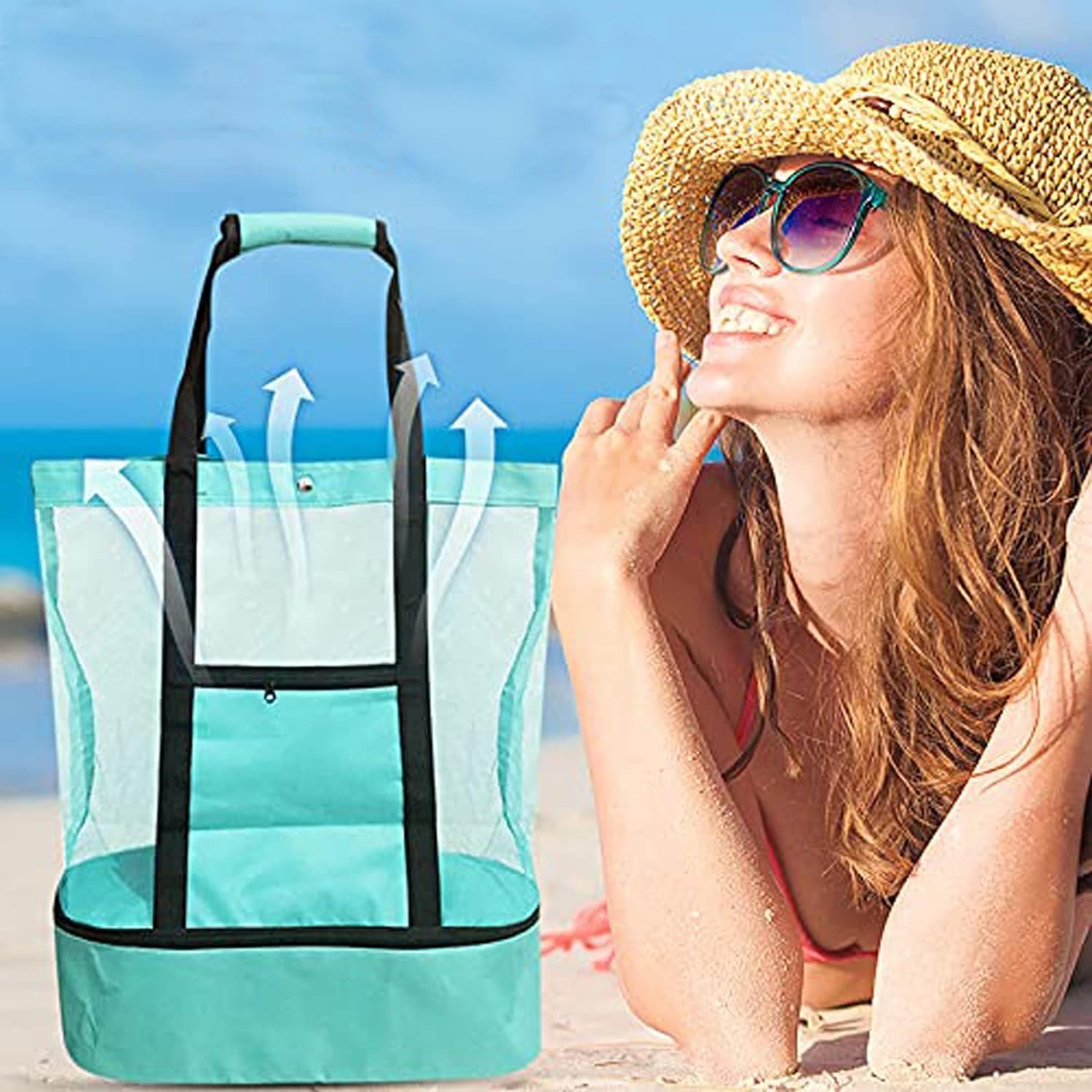 Bolsa Playa Grande Familiar，Bolsa Extra Grande de Malla de Playa，para Playa, Picnic, Camping y Compras.
