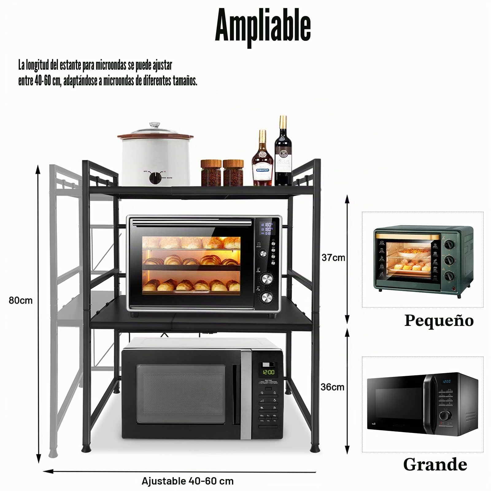 NAIZY Estante para microondas Estante extensible de 3 niveles de cocina Estante de pie con 3 ganchos Organizador de estante de cocina para encimera de cocina y almacenamiento, negro