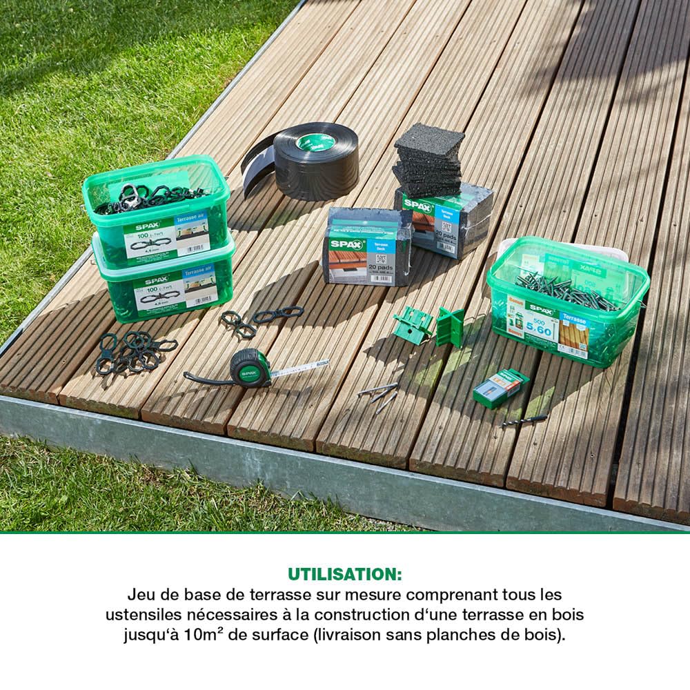 SPAX Équipement de base pour la construction de terrasse, kit de montage – Taille env. 10 m², vis de terrasse en acier inoxydable A2, entretoise, embouts, tapes, tampons et mètre ruban – 500009100039