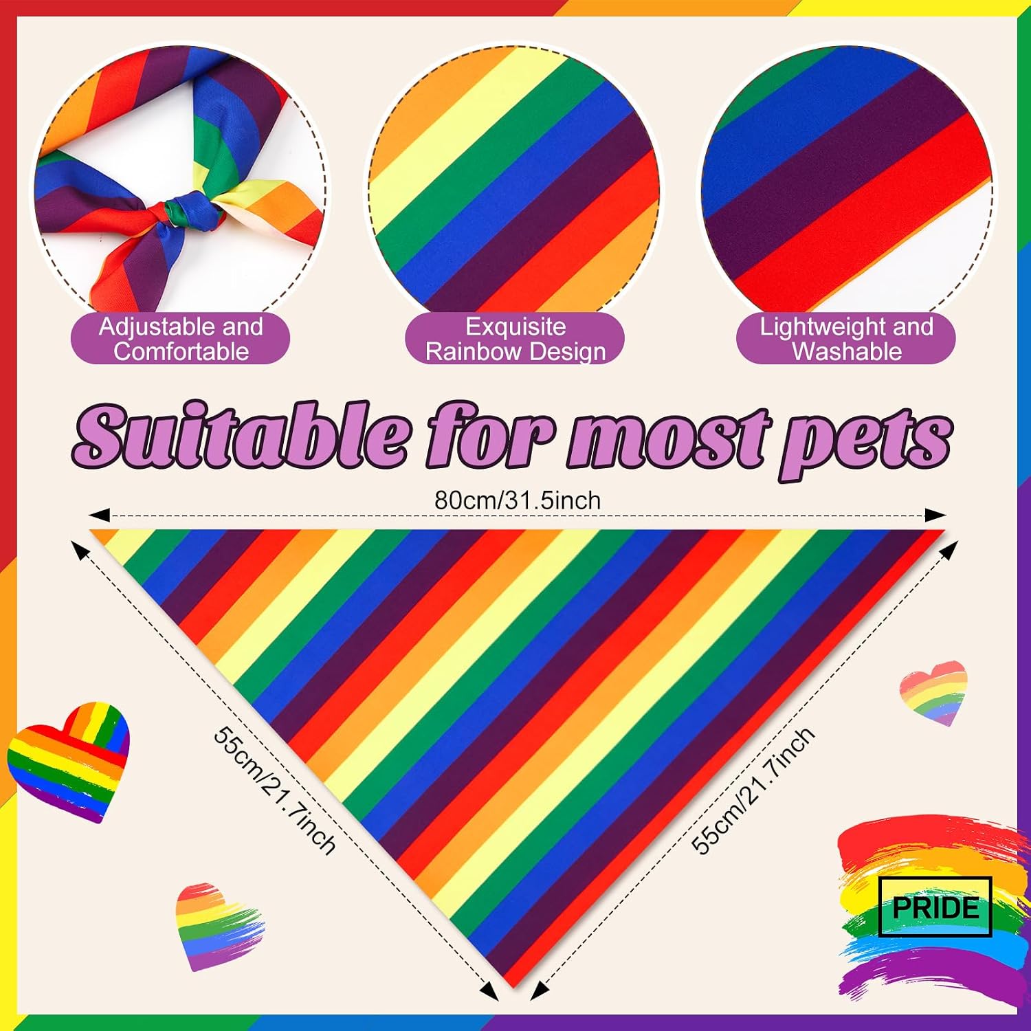 Silkfly 50 Pieces Rainbow Dog Bandanas Bulk Pride Dog Bandanas Scarf Accessories for Small Medium Large Pet Costume Accessories Decoration(31.5" X 21.7" X 21.7")
