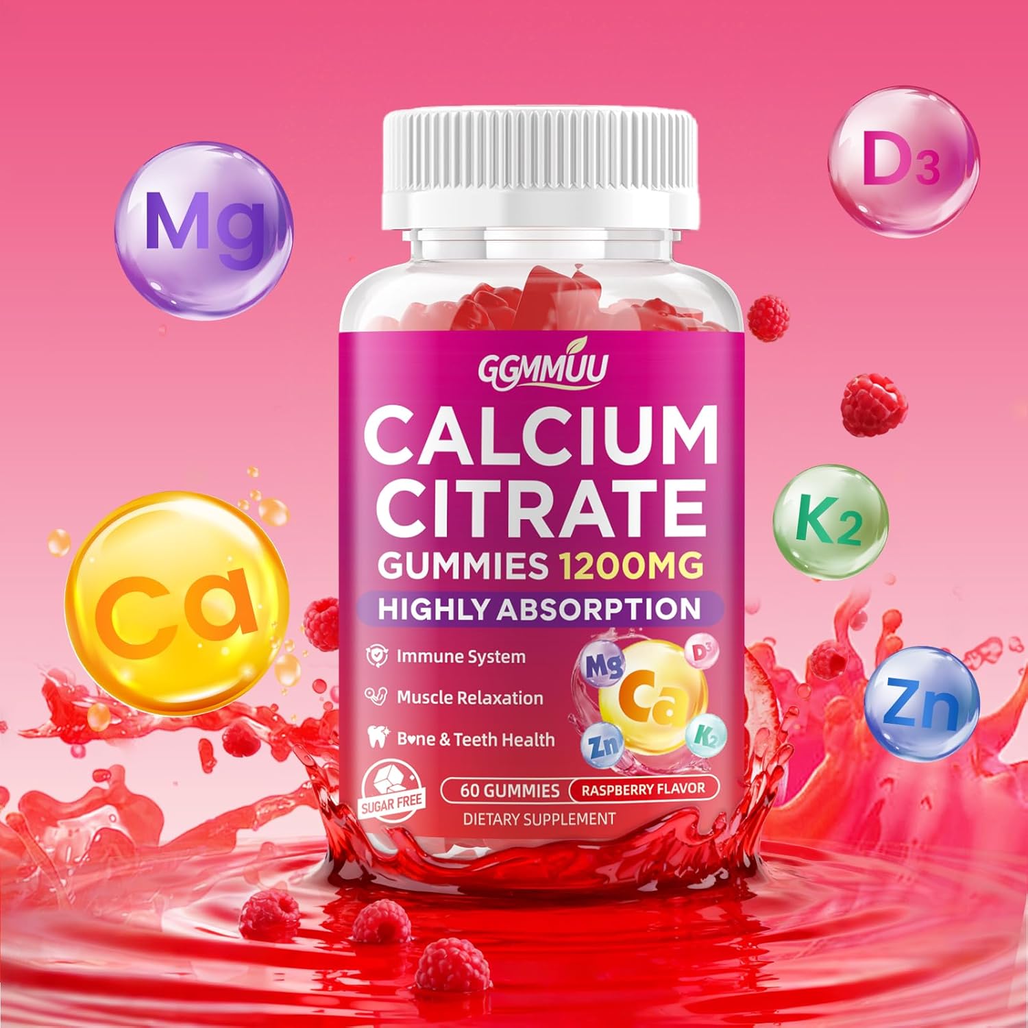 Calcium Citrate Gummies 1200mg, High Absorption Calcium Supplements for Women & Men, Sugar Free Calcium Gummies for B0ne, Muscle & Immune Support, Non-GMO, Vegan, Raspberry Flavor, 60 Count - Image 4