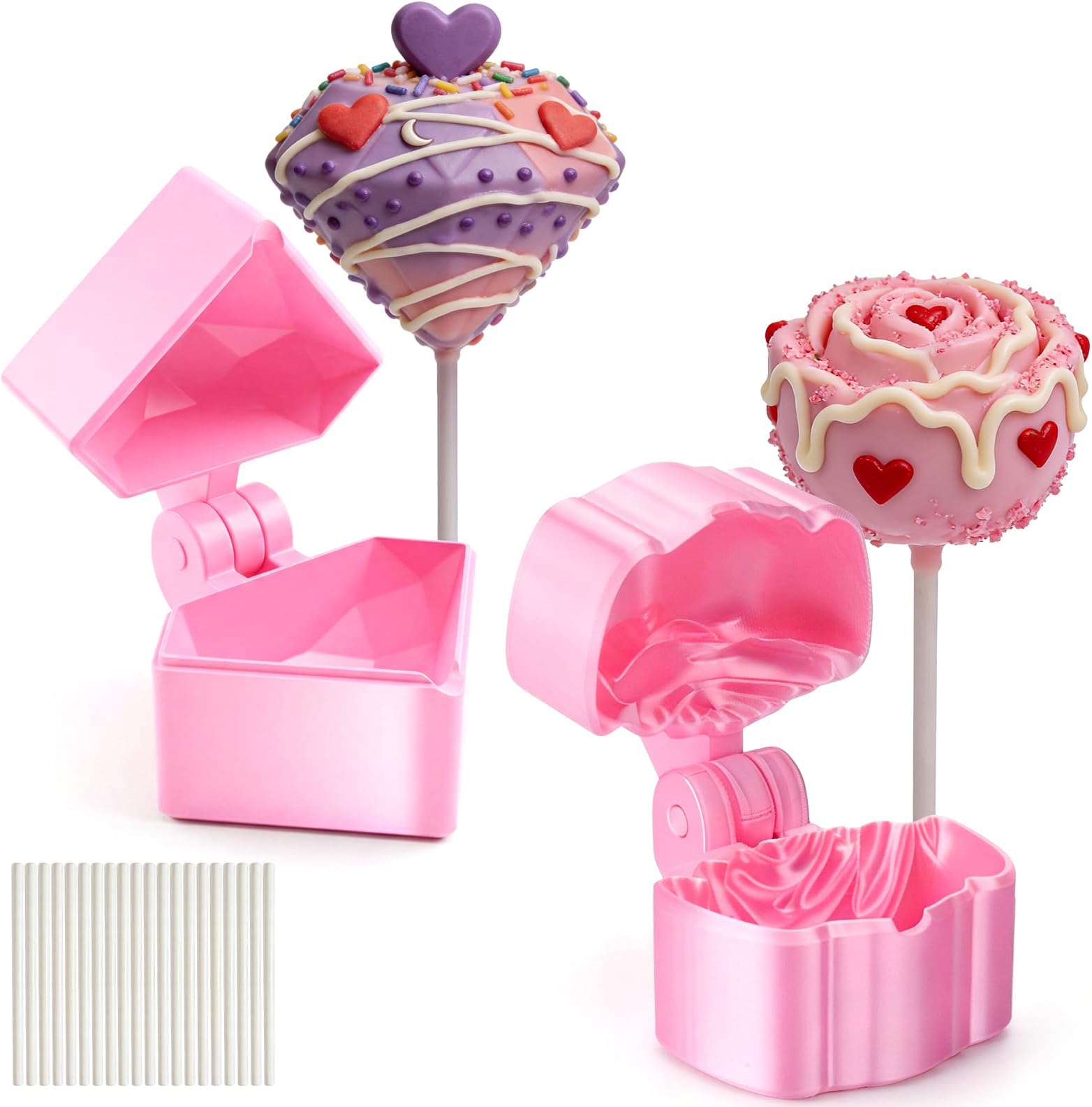 Juome Valentines Day Cake Pop Mold Kit, Diamond & Rose Shaped Cake Pop Cutter with 20 Sticks, 3D Cake Pops Molds Shapes, Cake Pop Maker Supplies, Baking Tools for Valentine's Day Desserts