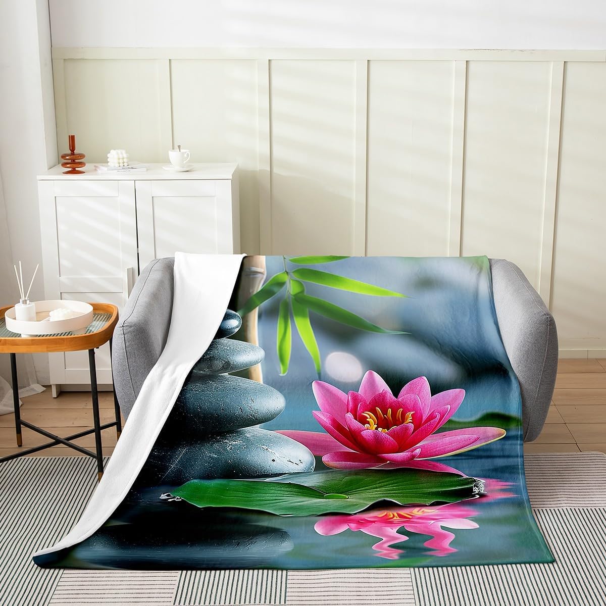 Zen Stones Print Bed Blanket Kids Girls Green Bamboo Flannel Blanket Soft Cozy Lightweight Spa Still Life Plush Fleece Aromatic Candles Blanket Gifts for Couch Bed Chair Office Sofa(40x50 Inches)