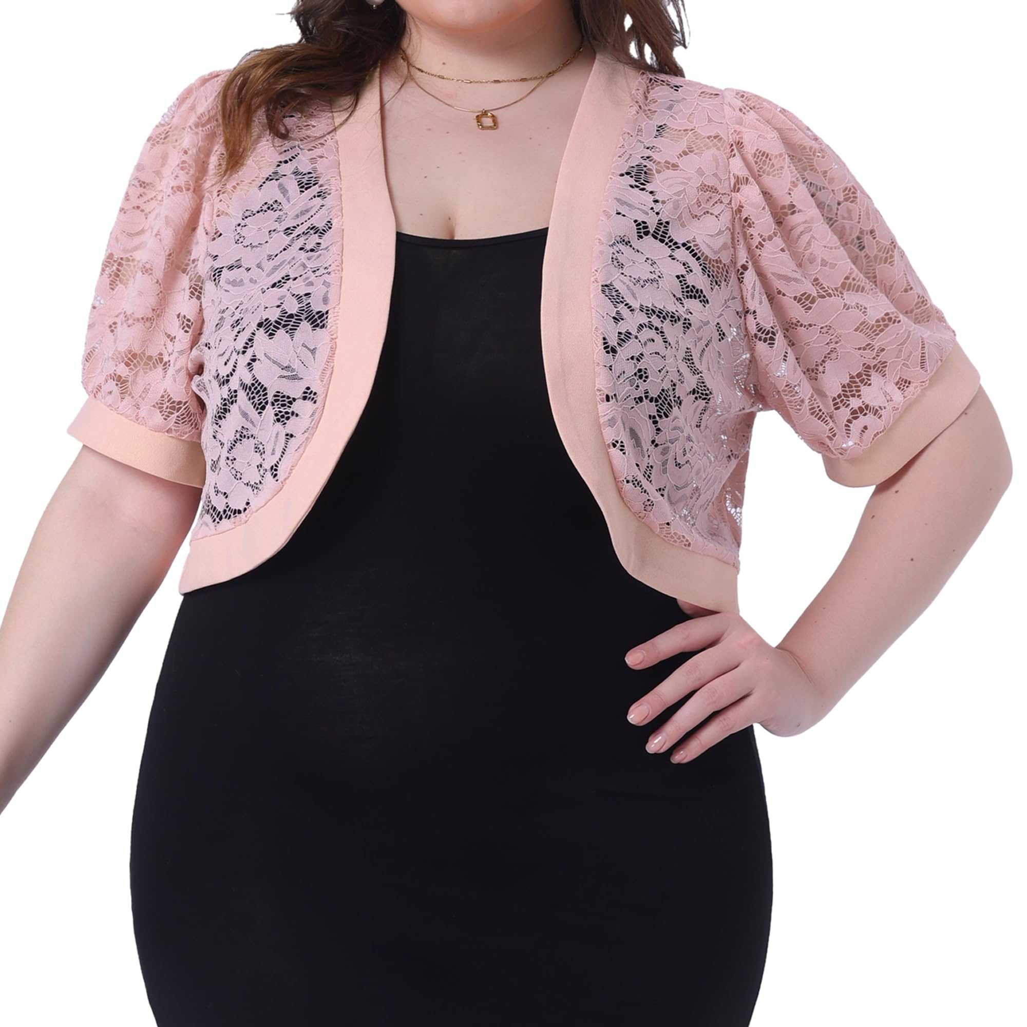 Agnes Orinda Women Plus Size Open Front Short Sleeve Lace Cropped Cardigan | Floral Sheer Bolero Shrugs For Dresses Solid Color Kimonos
