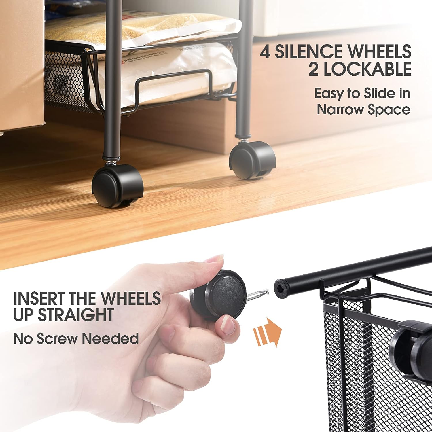 KINGRACK 4-Tier Slim Rolling Cart, Slide Out Storage Cart with Wooden Tabletop, Mobile Utility Cart with Mesh Baskets, Easy Assemble Shelving Unit for Narrow Space on Kitchen Bathroom, Black - Storage Islands & Carts