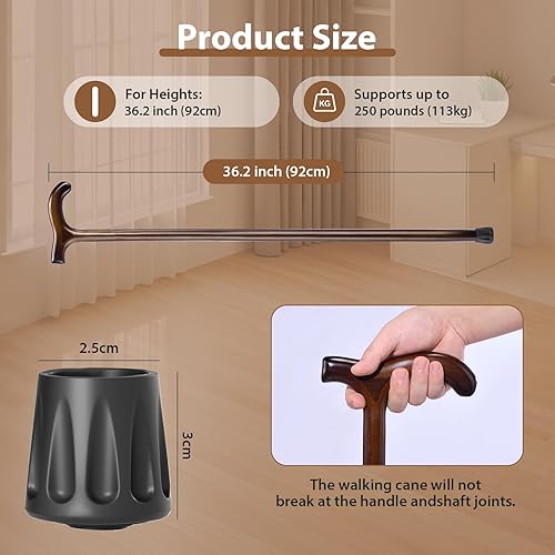 Miniatura 2 de Bastón de madera para hombres y mujeres, bastón de madera de 36 pulgadas con punta estable, ayuda de movilidad ergonómica para personas mayores,