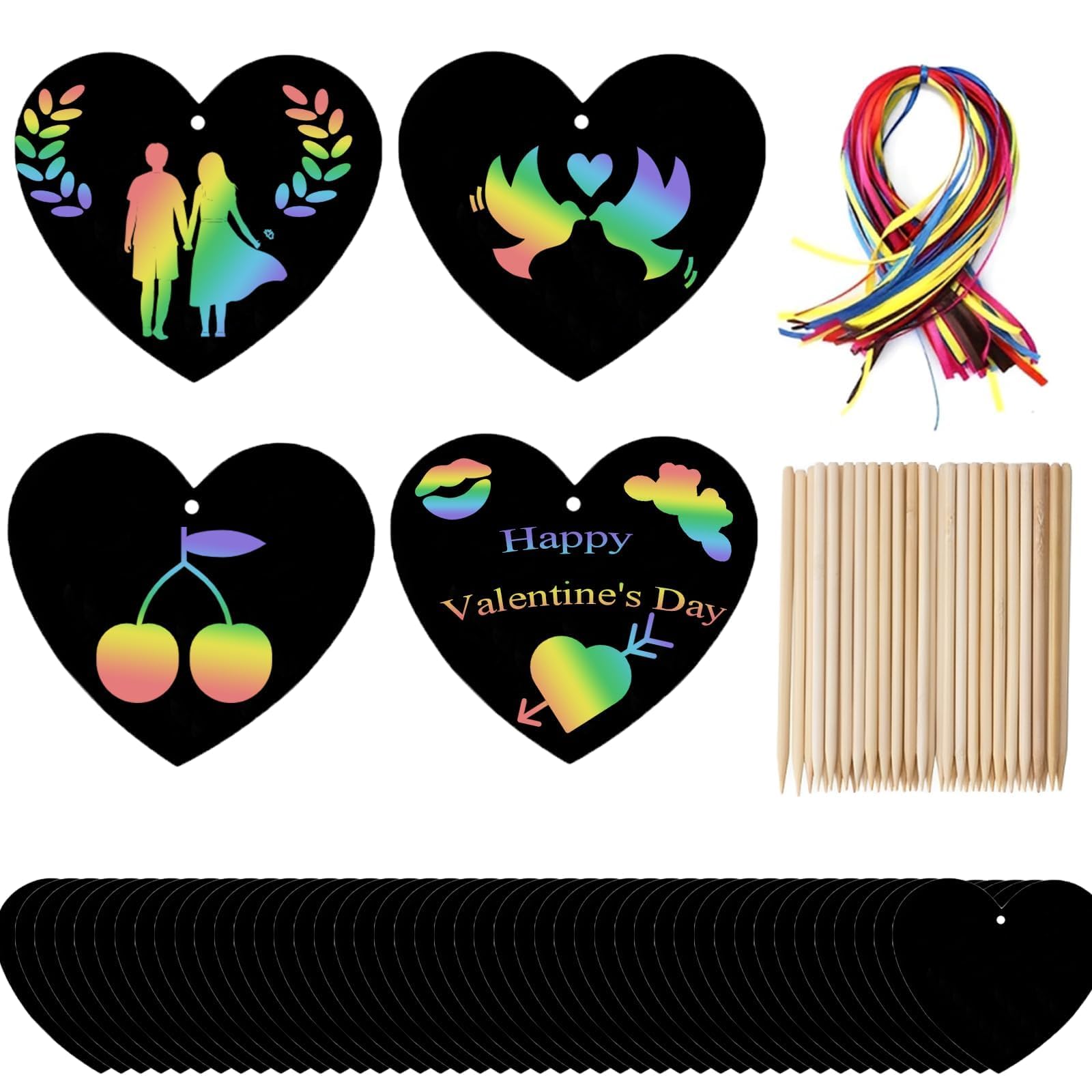 Naturahand 50 Rainbow Scratch Paper with 10 Wooden Scratch Sticks and 50 Red String, Heart Shaped Scratch Off Cards for Valentine DIY Decorations and Art Party Favors(H-1)
