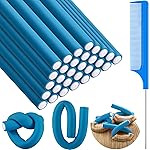 Syhood 30 Pieces Flexible Curling Rods Twist Hair Rollers Soft Foam Rods No Heat and 1 Pcs Steel Rat Tail Comb for Women Long and Short Hair(7 x 0.7 Inch,Blue)