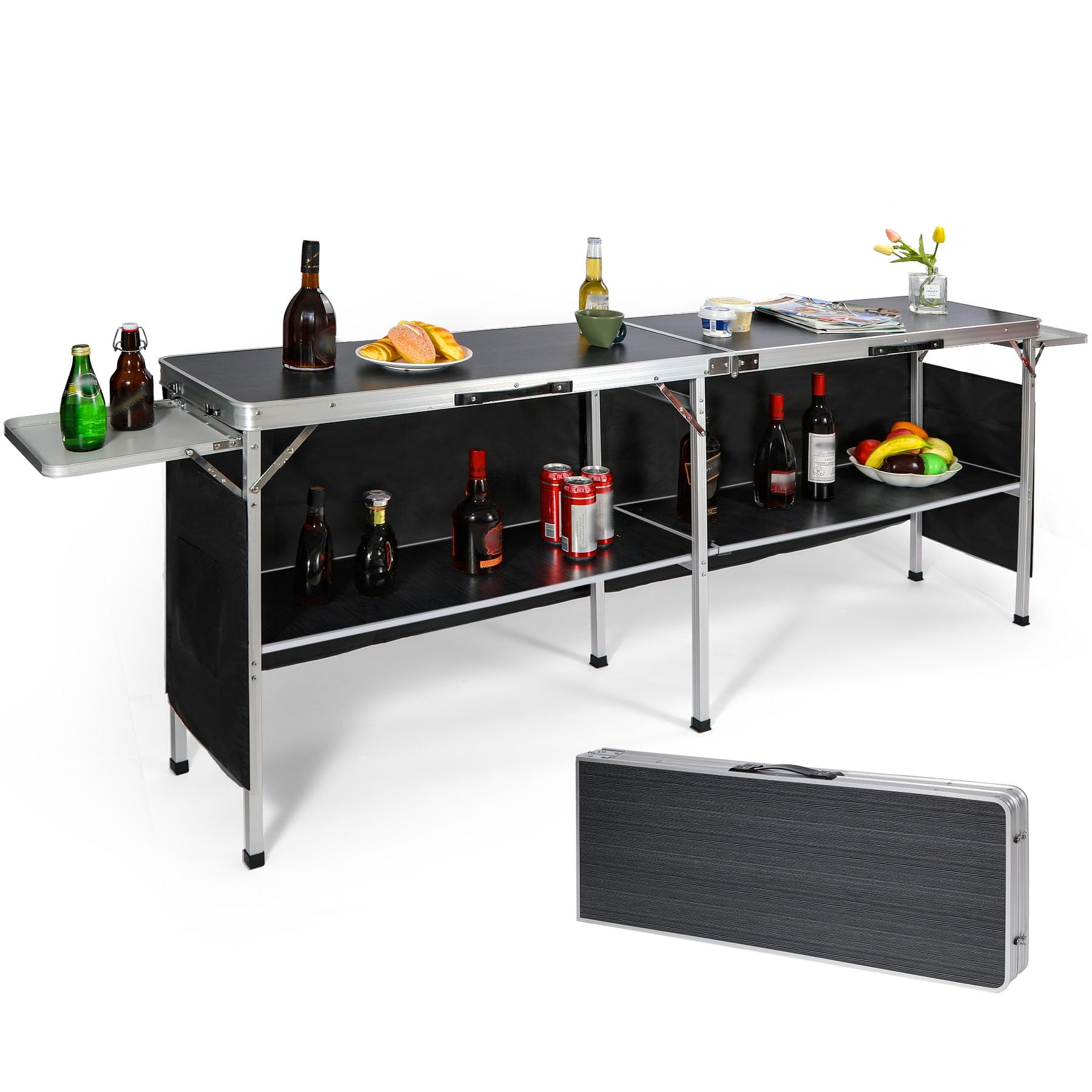 REDCAMP Extra Long Portable Bar Table with Bar Skirts and Storage Shelf, Pop-Up Bar Table with Side Rack for Party, Patio, Black