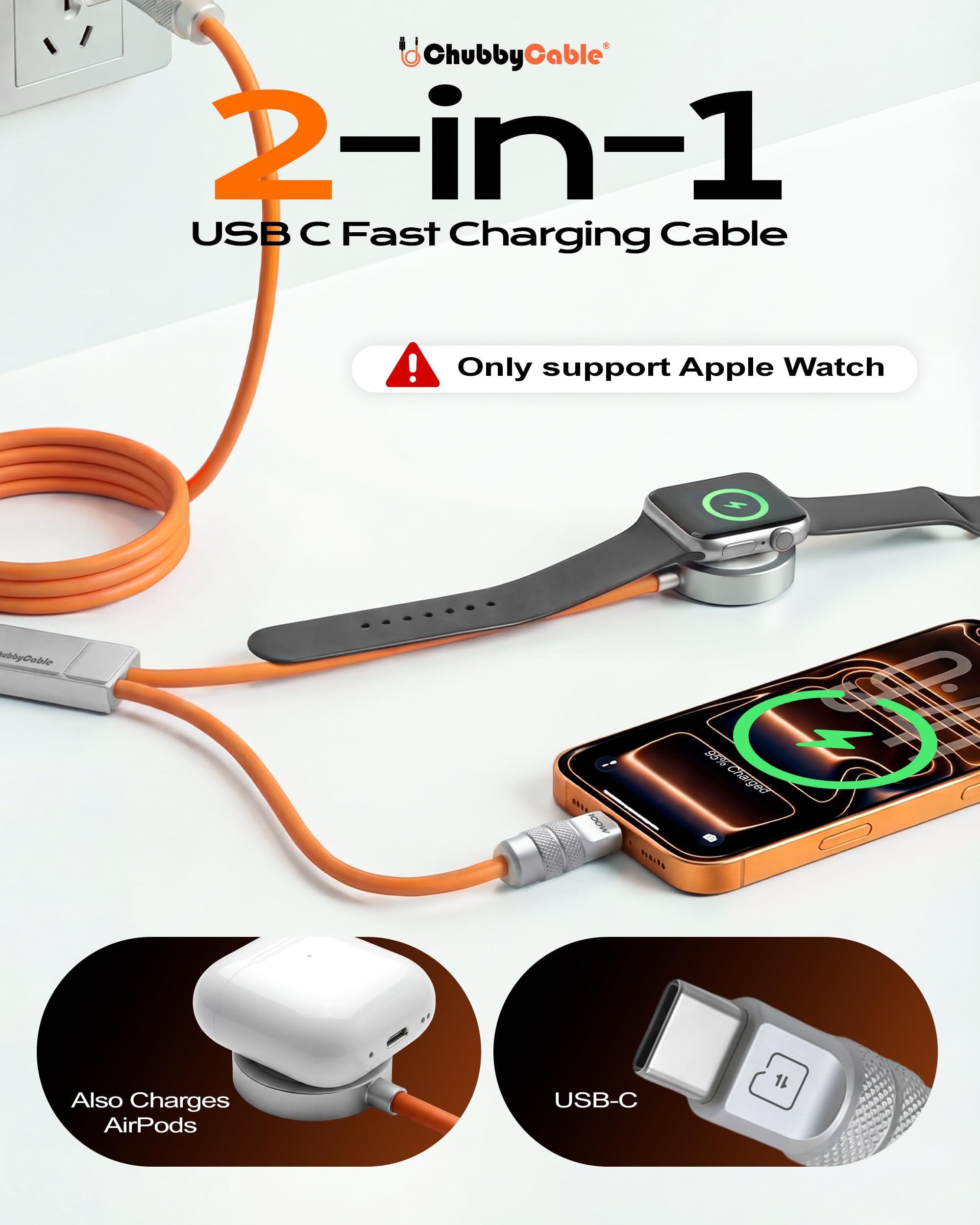 chubbycable 2-in-1 USB-C-Ladekabel für Apple Watch, 40 Minuten, 80 %, Orange, 1,2 m | All-in-One 2-in-1-Kabel mit Apple Watch Ladegerät und 100W USB C Schnellladung, ersetzt mehrere Kabel für Zuhause und Reisen