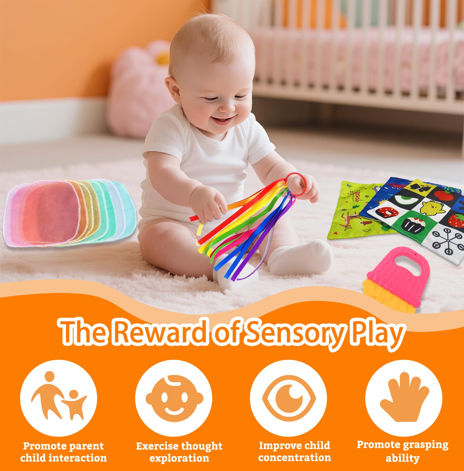 19Pcs Baby Sensory Toy Set, Baby Sensory Foil Blanket Baby Themed Crepe Paper Silk Scarf Ribbon Rattle Chew Toys Teether Feathers,for Babies 0 3 6 9 12 Months, Sensory Toy for Autism ADHD & Newborn - Image 2