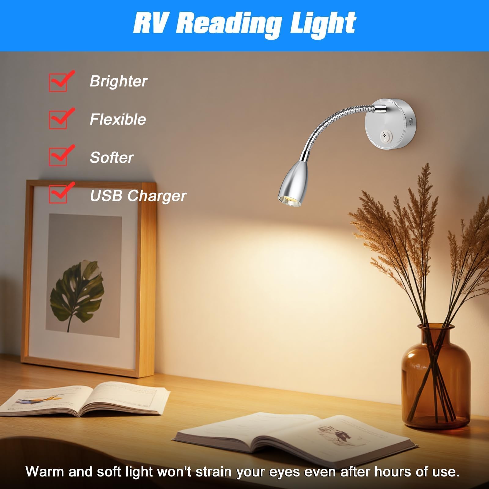 ERWEY 2er LED lampe de lecture 12V camping - car, 3W 3000k applique lampe de lit avec col de cygne flexible et port de charge USB pour bateau, yacht, voiture, éclairage intérieur de caravane, argent