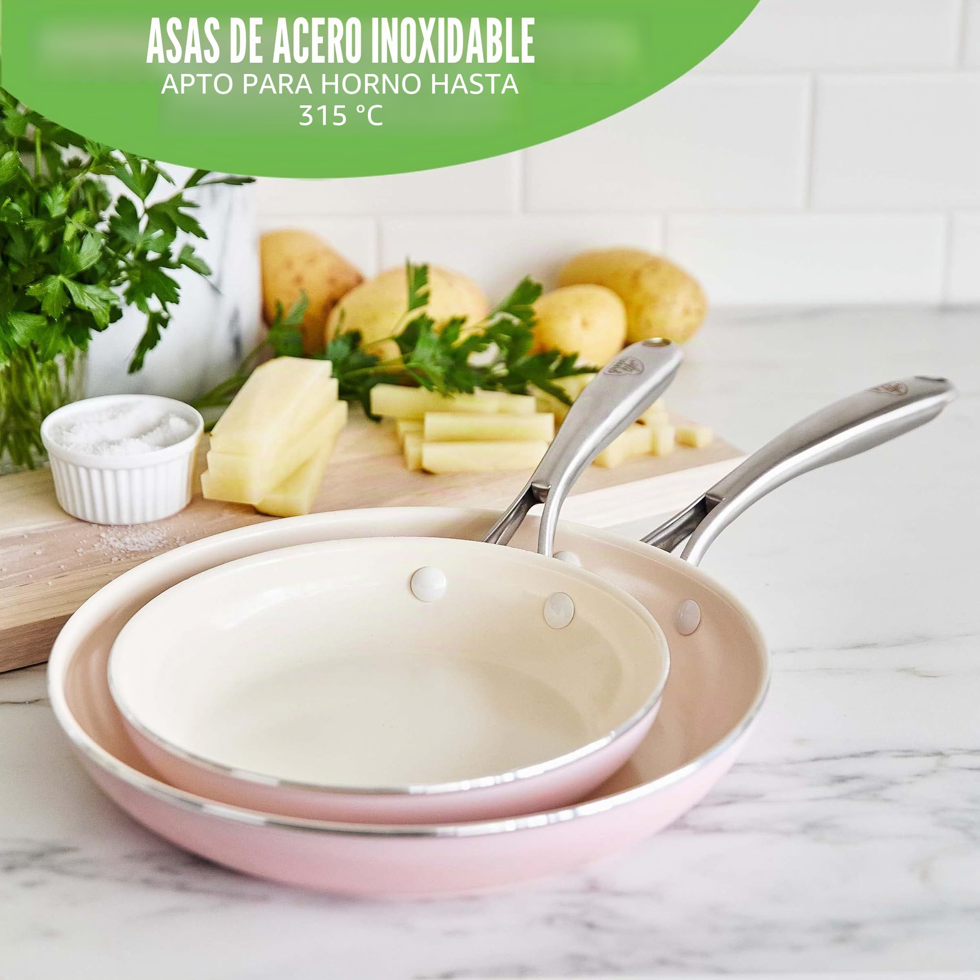 GreenLife Artizan Juego de Sartenes de Cerámica Antiadherente, Libre de PFAS, Apto para Inducción, Apto para Lavavajillas, Apto para Horno,Rosa