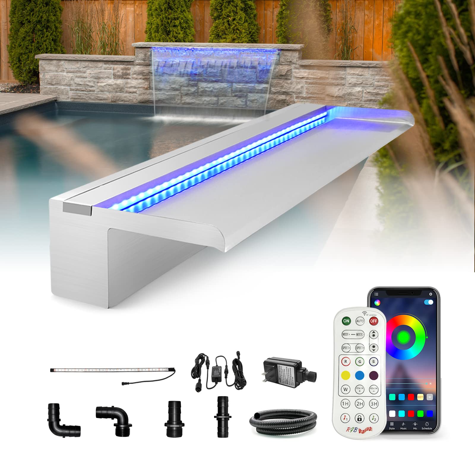 LONGRUN Stainless Steel Waterfall Spillway, APP Control Multi-Color LED Light Outdoor Pool Fountain, Water Spillway Koi Pond Waterfalls Fountains Kit for Garden Patio Swimming Pool Decoration-23.6"