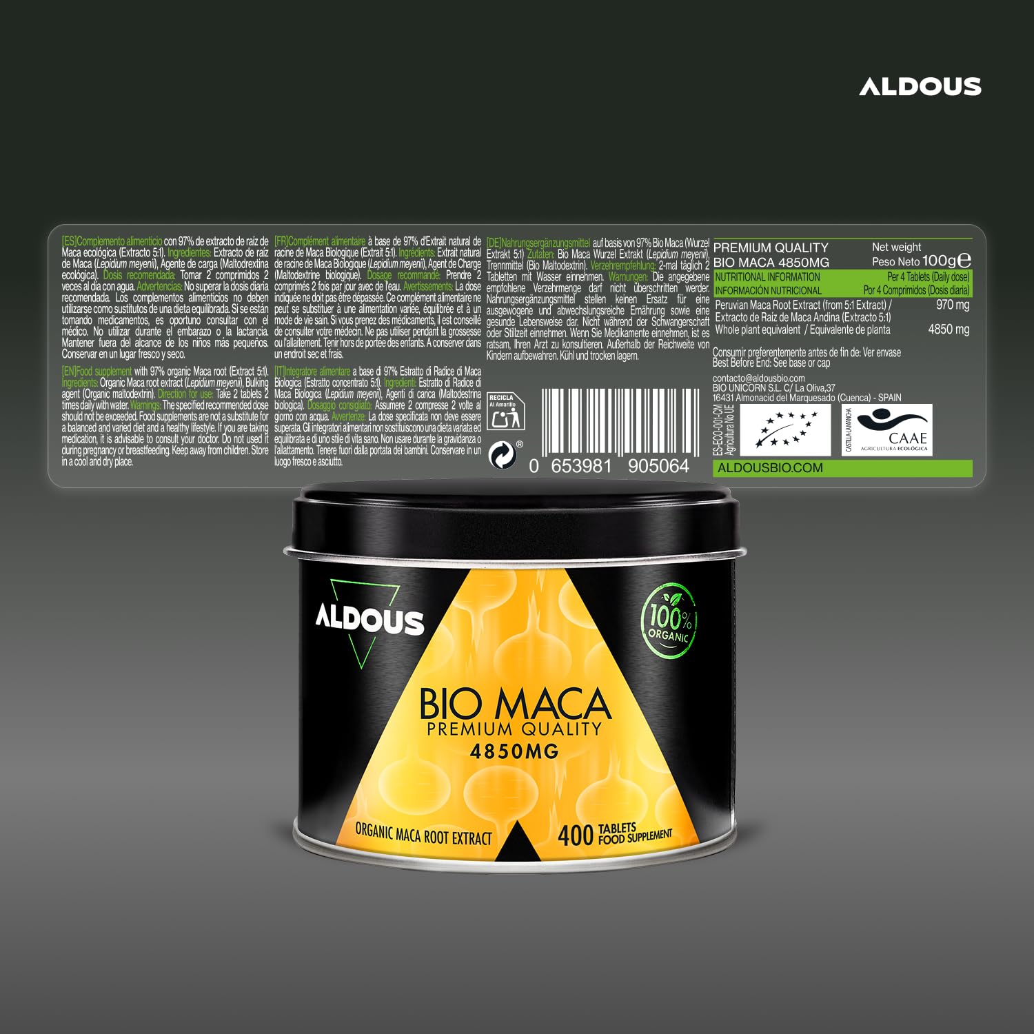 Extrait de Maca Bio - Dose 4850mg - 400 Comprimés - Hautement Concentrée - Maca Peruana - 100 jours - Poudre de Maca Root - Augmente l'Énergie et la Vitalité - Régulateur Hormonal - Certification Bio