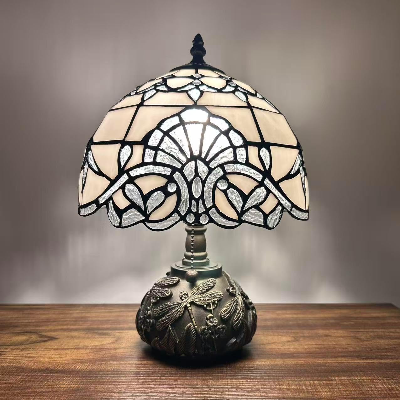 White Stained Glass Table Lamp Baroque Style LED Bulb Included Dragonfly Base for Living Room Bedroom Bedside 10'W*10" D*14" H