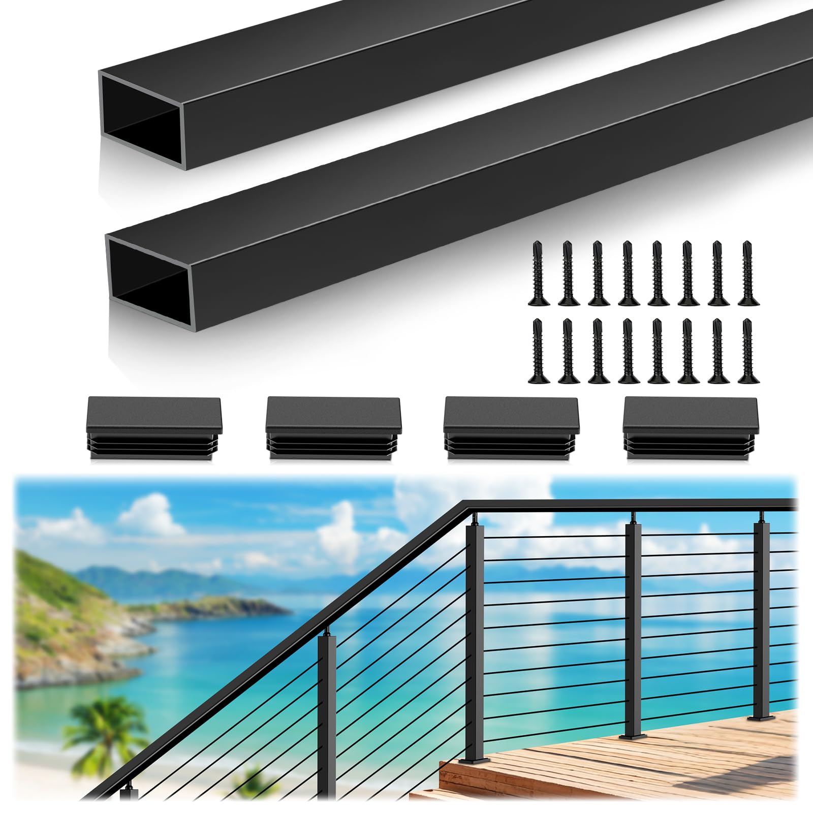 6'6" Aluminum Black Handrail Prefect for Coastal Project, 2 Pack Rectangular Flat Top Hand Rail for Outdoor Deck Stair Seaside Cable Railing System, Cuttable Deck Top Railing With Extra End Cap