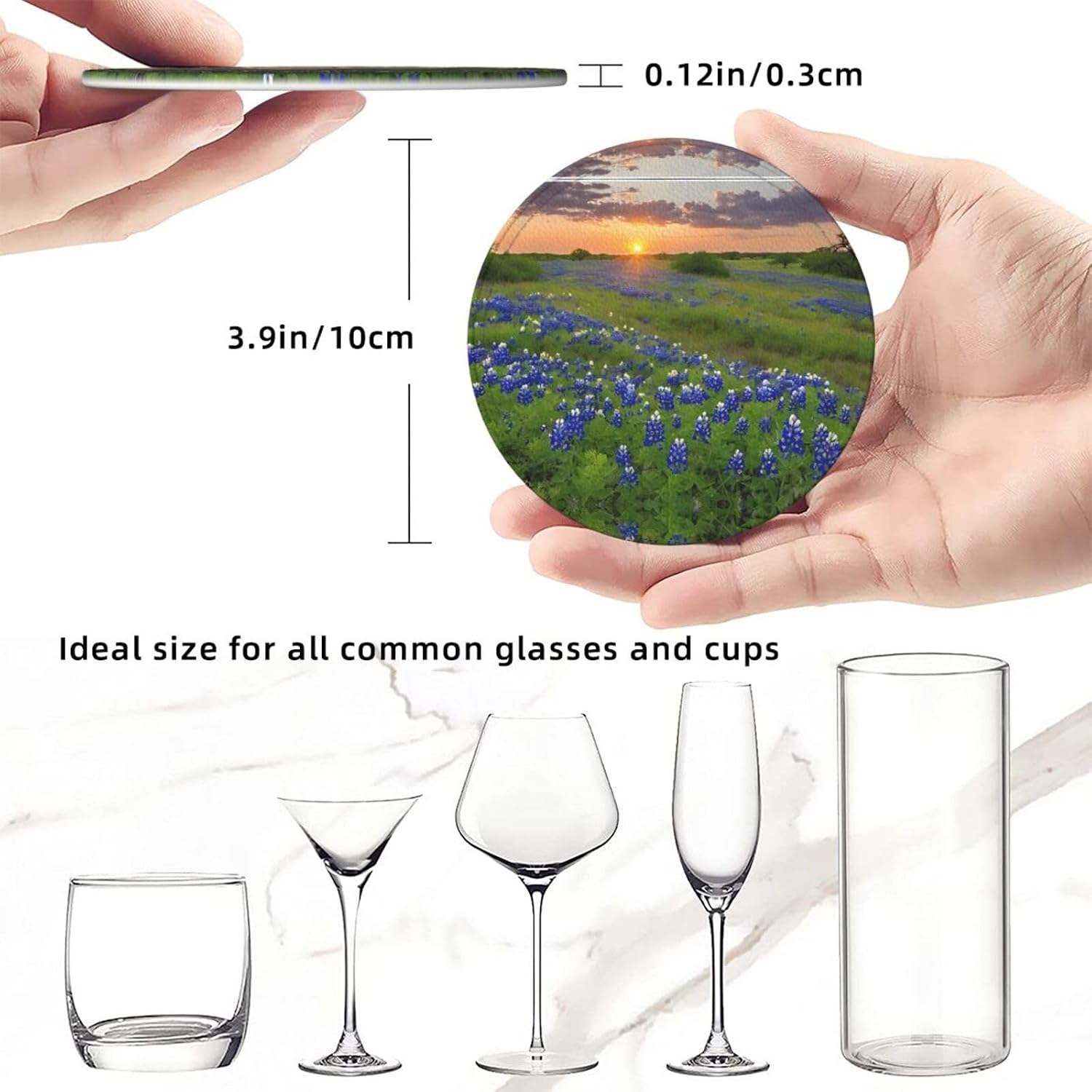 Texas Bluebonnets Scenery Print Leather Coasters Set of 6 with Pu Leather Box - Heat Resistant Drink Coasters for Glass Table Home Office image 2