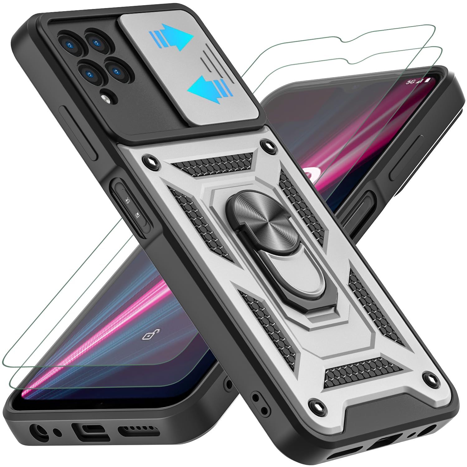 YKHJKLEC for Revvl 6 Pro 5G/Revvl 6X Pro 5G Case, [Military Grade] Shockproof with 360 ° Rotation Metal Kickstand Protective Case with 2Pcs HD Screen