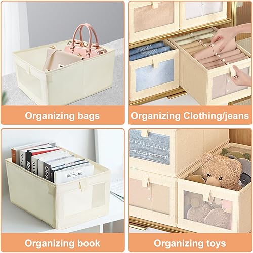 Miniatura 4 de Paquete de 8 organizadores y almacenamiento de ropa de lino, contenedores plegables con ventana transparente, cestas de lino para organización de
